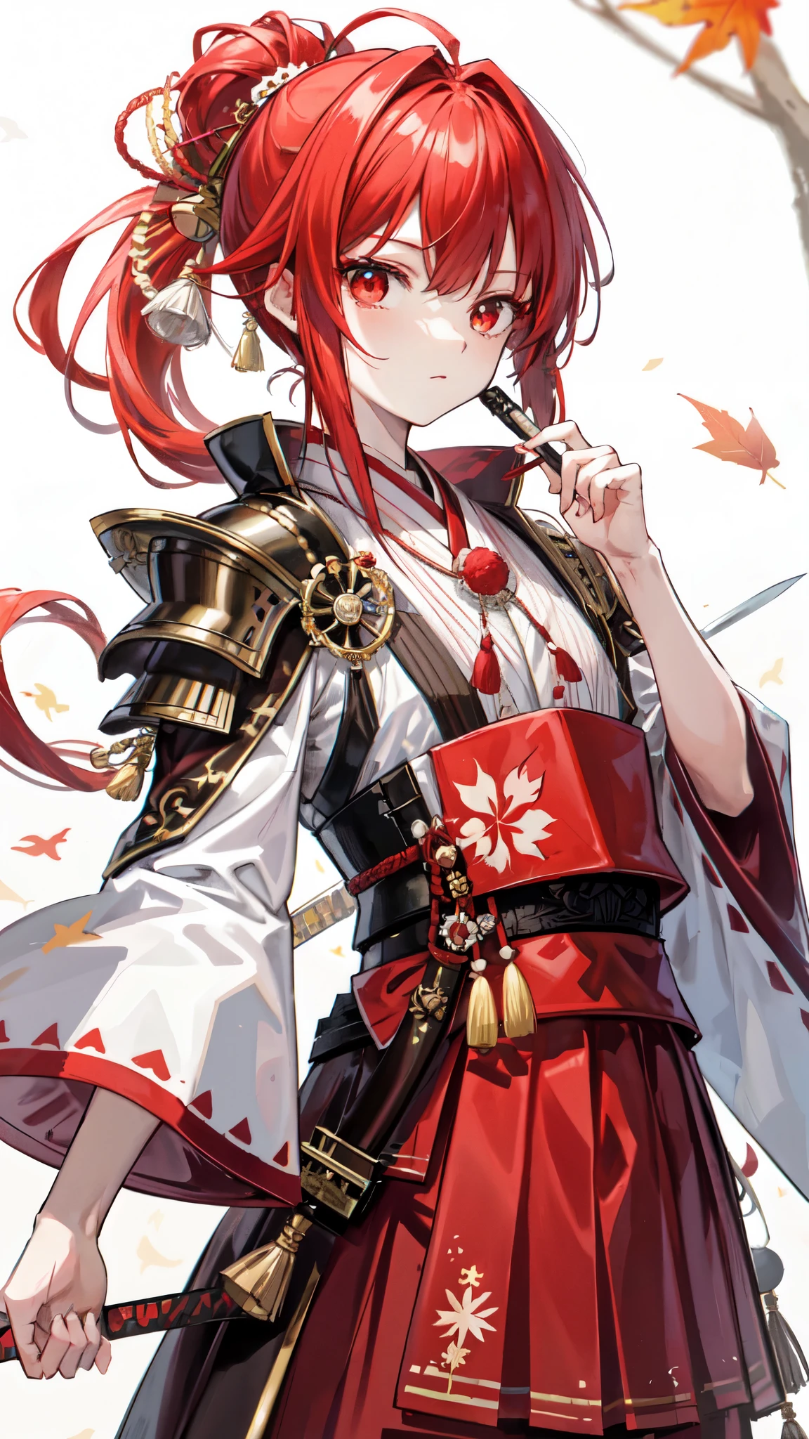 tmasterpiece, best qualityer, Maple Man Ye, malefocus, 1boy, solo, red eyes, By bangs, O cabelo multicolorido, Japanese clothes, Striped hair, red hair, hair between eye, arma, The sword, armour, japanese armor, White hair, Keep one's mouth shut, pony tails, exteriors, nipple tassels, looking at viewert,The castle tower,Draw the knife and chop