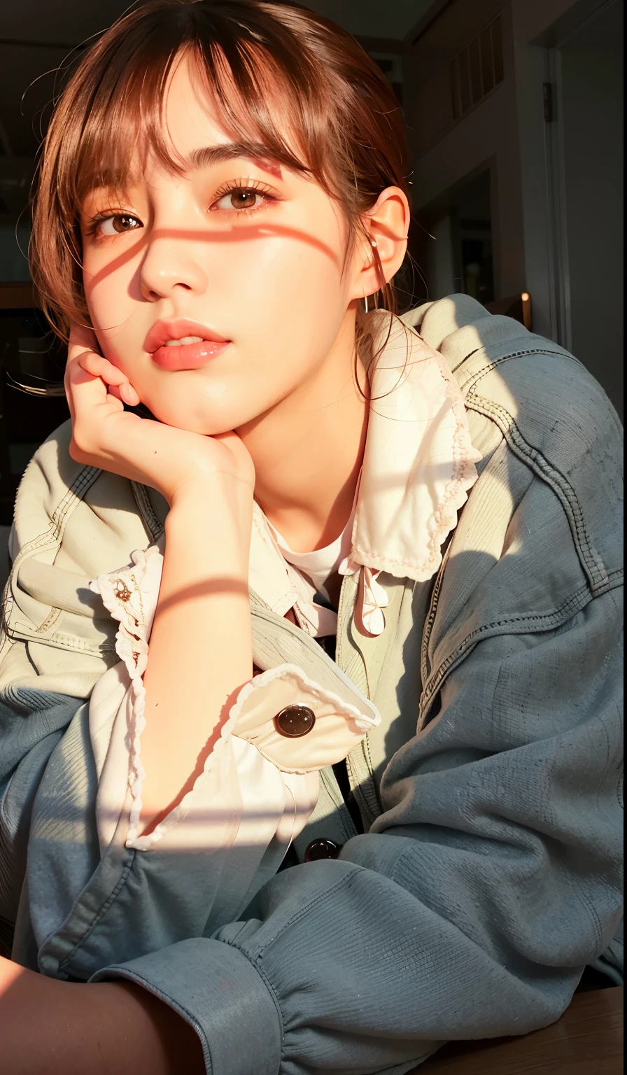 there is a woman sitting at a table with a cell phone, jinyoung shin, cai xukun, lofi portrait at a window, 🤤 girl portrait, sun yunjoo, ulzzang, hot with shining sun, jinyoung shin aesthetic, on a sunny day, afternoon sunlight, male ulzzang, with the sun shining on it, kim doyoung, morning lighting, wearing hijab 