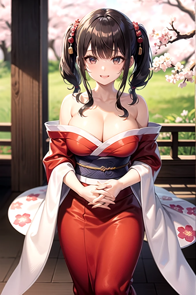(8K、highest quality、highest quality、masterpiece、ultra high resolution、beautiful woman with perfect figure、emphasize cleavage、carefully crafted face、beautiful fingers、beautiful hands、skin texture),whole body、idol sculpture、((twin tails)、alone、beautiful double eyelids、smile, Japanese style kimono 、(woman)、cherry blossoms、Cherry-blossom viewing、