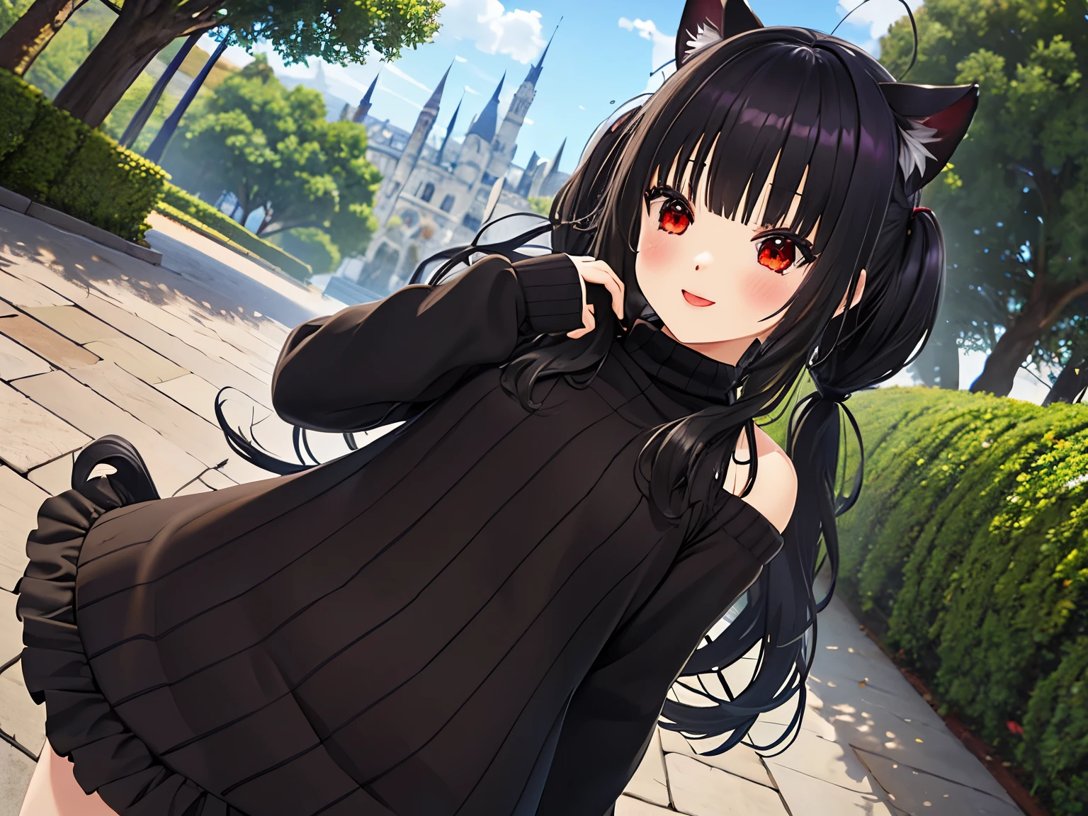 obra maestra,of the highest quality,high resolution ,1 chica,rapid eye movement, re cero, ,((long hair slightly wavy slightly past the shoulders, black bangs, small black pigtails on the sides, cute cat ears, beautiful thin red eyes)),,pechos grandes,piel blanca,((sweater,transparente)),((raya)),((sweaterのみ)),bolsas debajo de los ojos,sonrisa,orejas de animales,Chemomimi,felicidad,hombros descubiertos,magnificent々nuevo,lindo,((lindo paisaje de la ciudad, con arboles de cerezos, tori, puesntes))
