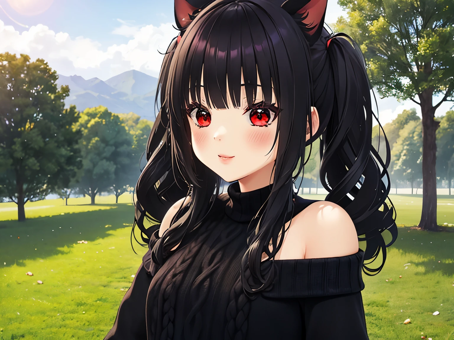 obra maestra,of the highest quality,high resolution ,1 chica,rapid eye movement, re cero, ,((long hair slightly wavy slightly past the shoulders, black bangs, small black pigtails on the sides, cute cat ears, beautiful thin red eyes)),,pechos grandes,piel blanca,((sweater,transparente)),((raya)),((sweaterのみ)),bolsas debajo de los ojos,sonrisa,orejas de animales,Chemomimi,felicidad,hombros descubiertos,magnificent々nuevo,lindo,((lindo paisaje de la ciudad, con arboles de cerezos, tori, puesntes))