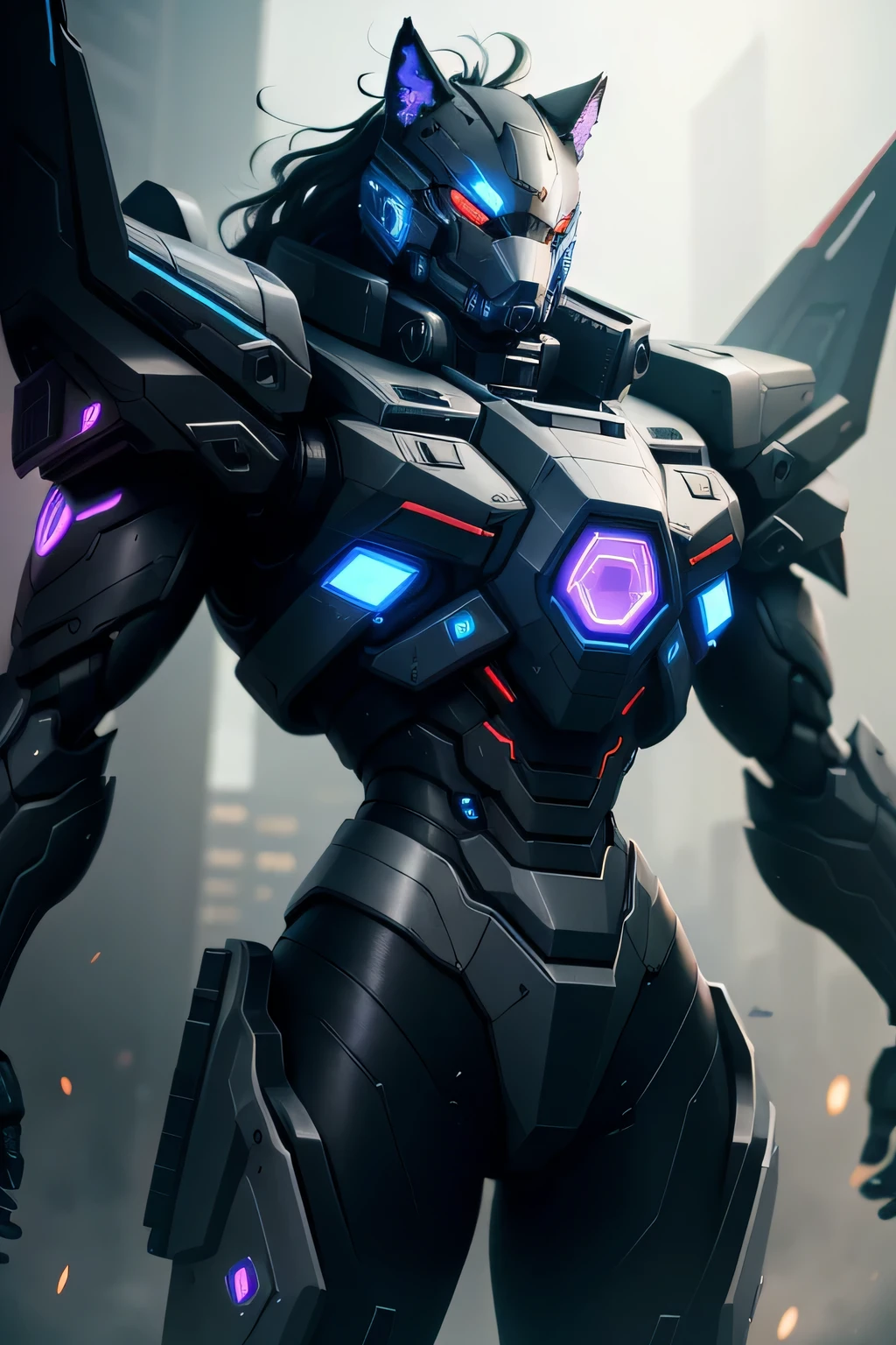 Black color mecha,cyber punk perssonage, wolf form,