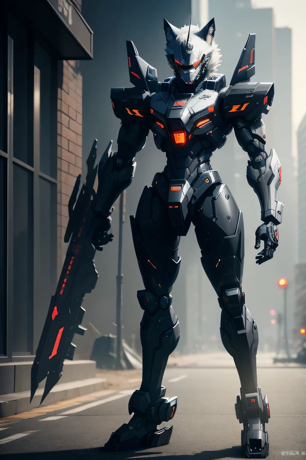 Black color mecha,cyber punk perssonage, wolf form,