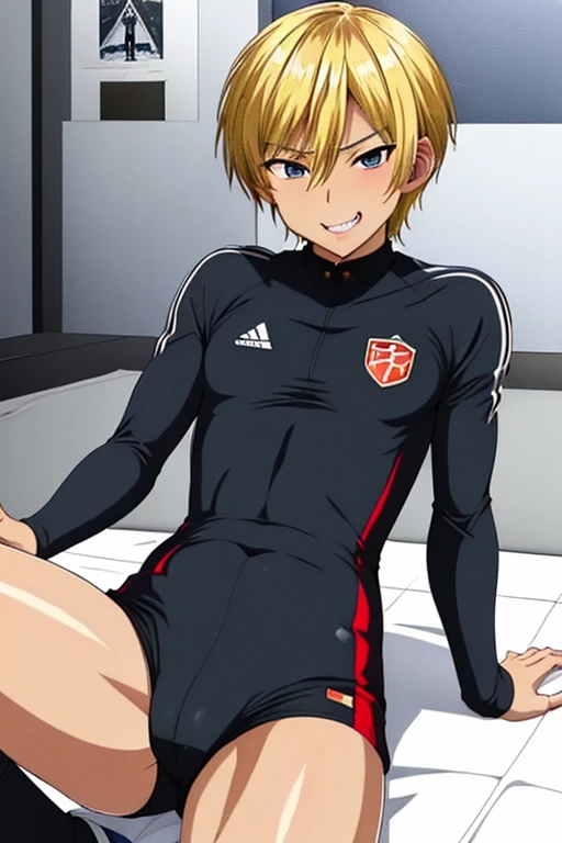 (((official art,Ultra-fine illustration,High resolution, 最high quality,最high quality,)))high quality, become familiar with, (little boy),12 years old, A young ace striker male idol with a super cute face,A boy as beautiful as Planding, long legs, thighs, feet, (There is no swelling in the chest), 、(((Vulgarity))),((blonde short hair))、(golden hair、short hair)、((brown skin:1.5)),(Tight shiny white and green soccer uniform bodysuit),Ultra-fine painting, ,service shot、bulge in crotch、 (tight and shiny spats), (soccer socks), lawn area, (厚いthighs)、(((soccer field in the park)))、((Saucy、))、grin and laugh、tongue licking、feetを広げて,