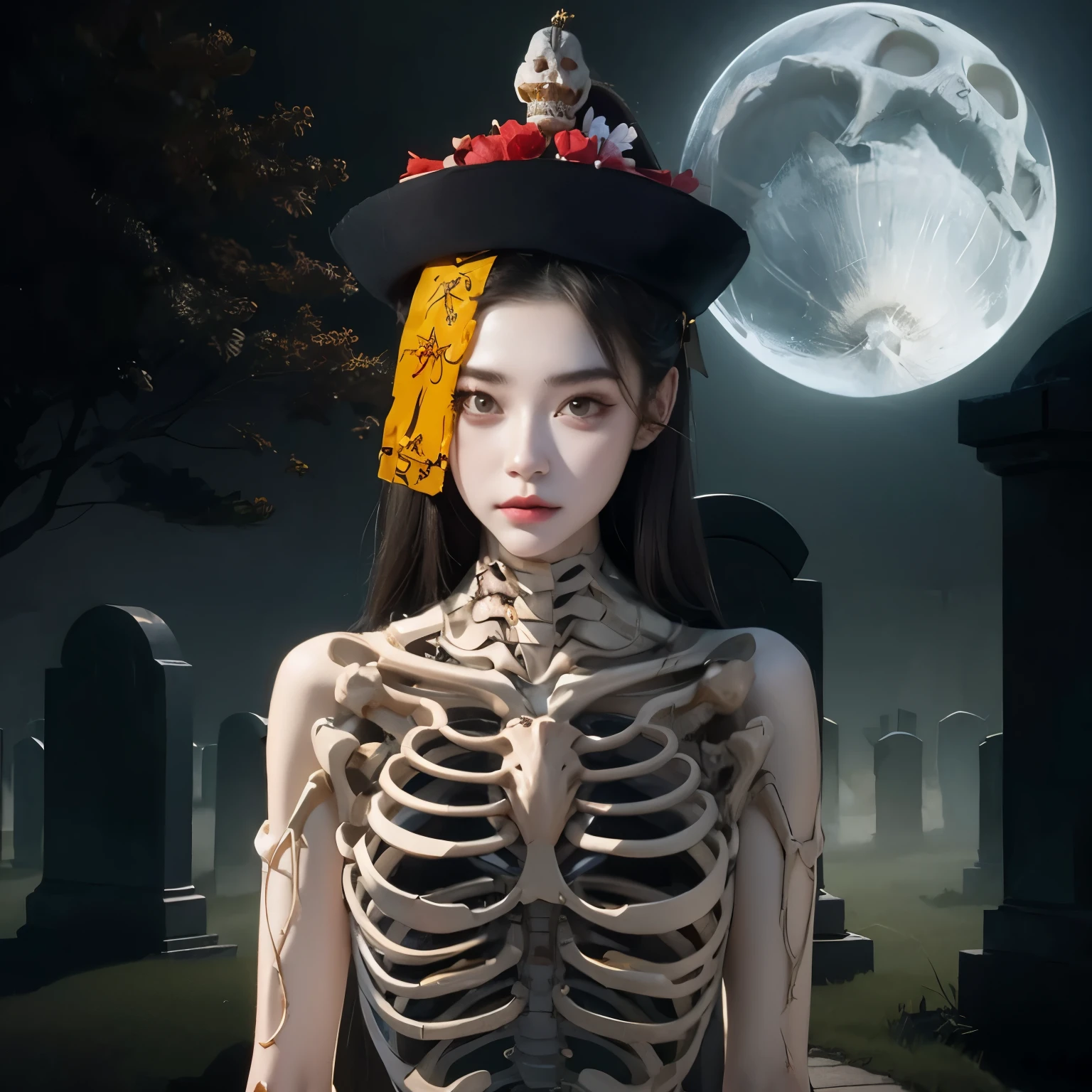 arafed woman in a skeleton costume with a hat on her head, hone onna skeleton geisha, skeleton girl, xue han, goddess of death, goddess of death in a graveyard, inspired by Xie Huan, eerie art style, saint skeleton queen, lulu chen, halloween art style, jingna zhang, wenfei ye, 2 d cg