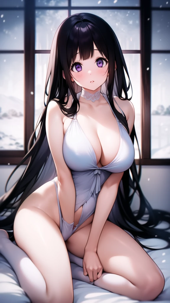 Stunning Chitanda, There is only one beautiful girl，purple eyes, black hair, Naturally straight hair, straight bangs, flowers on hair，extremely refined，adult face，lips open，flowing long hair，Peerless beautiful girl, dreamlike，Slim，soft, (Sensual), (kawaii), Dream quality，in the snow，underwear snow，Kimono jacket，nothing to wear，lower your head，extremely shy，Hands are not exposed，covered with water drops，no pants，There are no shoulder straps，camel toe，no underwear，side breasts，showing areola，Bare thighs，bare shoulders，Clavicle exposed，bare neck，groin，barefoot，bare breasts，ultra high resolution, (masterpiece:1.2, best quality), (Exquisite and beautiful eyes: 1.2), (Beautiful and delicate face)