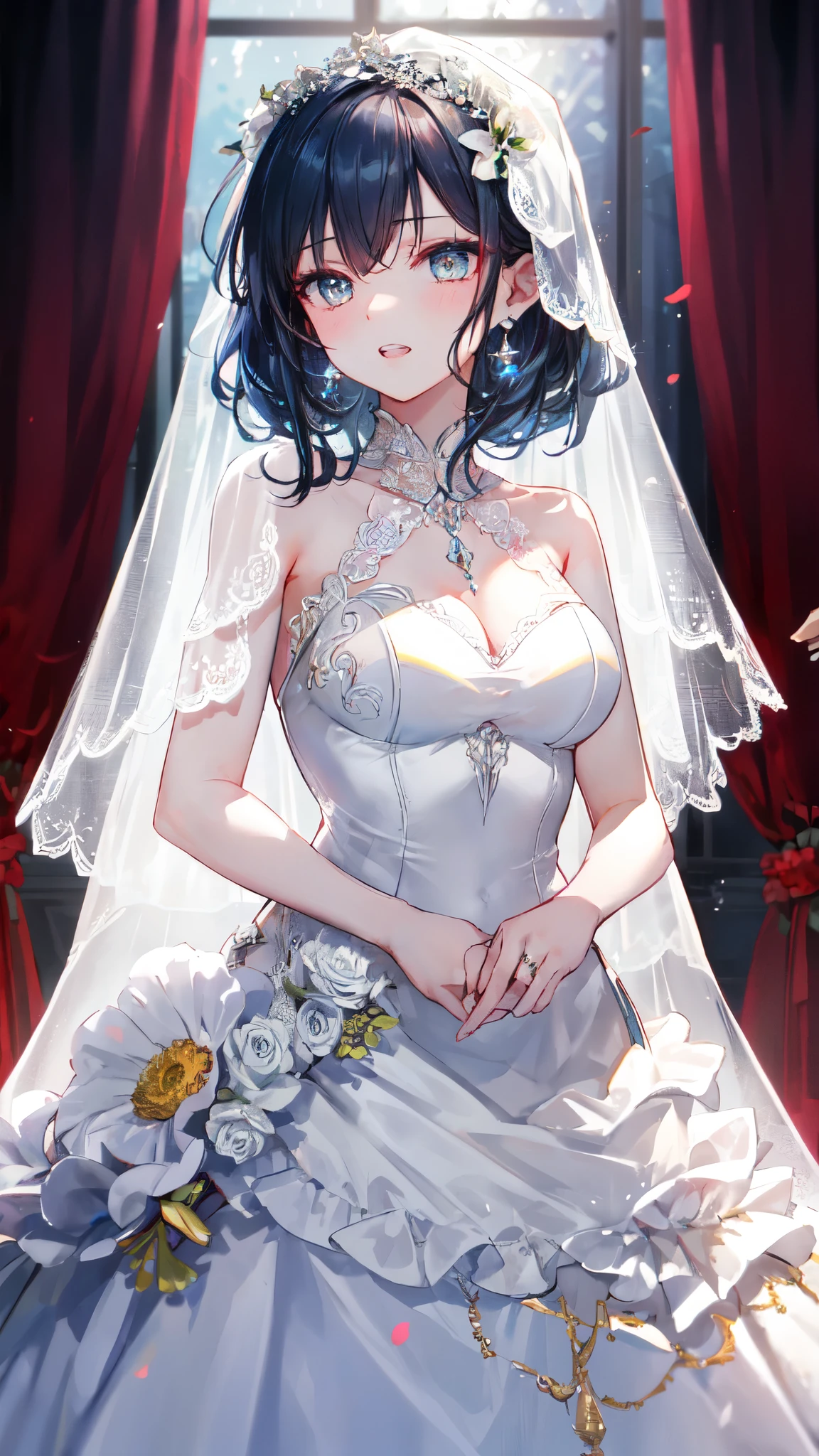 (Masterpiece), best quality, highest quality, highly detailed CG unity 8k wallpaper, original, high resolution, (depth of field: 1.5), fidelity: 1.3, breasts, bride portrait style, 1 girl, curtains, veil , bridal veil, wedding dress, curtains, jewelry, solo, earrings, teeth, bride, azure_hair, Polycoria