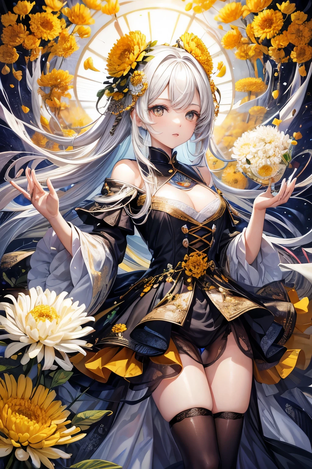 ((focus on the face)),NSFW, ((Cute symmetrical face)),8k, highest quality, photo realistic, Highly detailed 8k wallpaper,(biologically correct form),(masterpiece:1.2, highest quality), (realistic, photorealistic:1.4), beautiful illustrations, (natural side lighting, movie lighting), girl,blue-silver hair, 25 years old, perfect face, perfect body, shiny skin, beautiful hair, beautiful face, beautiful eyes, 緻密でbeautiful eyes, beautiful body, beautiful breasts, beautiful arms、((beautiful thin legs)), (small butt、Narrow thighs),blush,、 (High heels of the same color on the left and right、anklet), (upward glance、cute smile), (shirt、corset、pencil skirt)、bra、toe stockings、garter belt)、detailed facial depiction、((correct limb、number of fingers))、big, kind eyes、(The background is a sunflower field、outdoors)、Crouching figure、Bewitching,、(Photographed from an angle)、