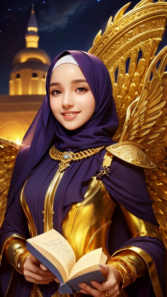 Fantasy style photo of a young woman wearing a hijab and Muslim attire with all-gold accessories, wing accessories on both ears, elegant pose, background of the ruins of an ancient city, twilight atmosphere, cloudy, perfect lighting, super detailed 3.1, detailed skin, smiling, beautiful face, beautiful eyes, holding a book with ancient symbol. 