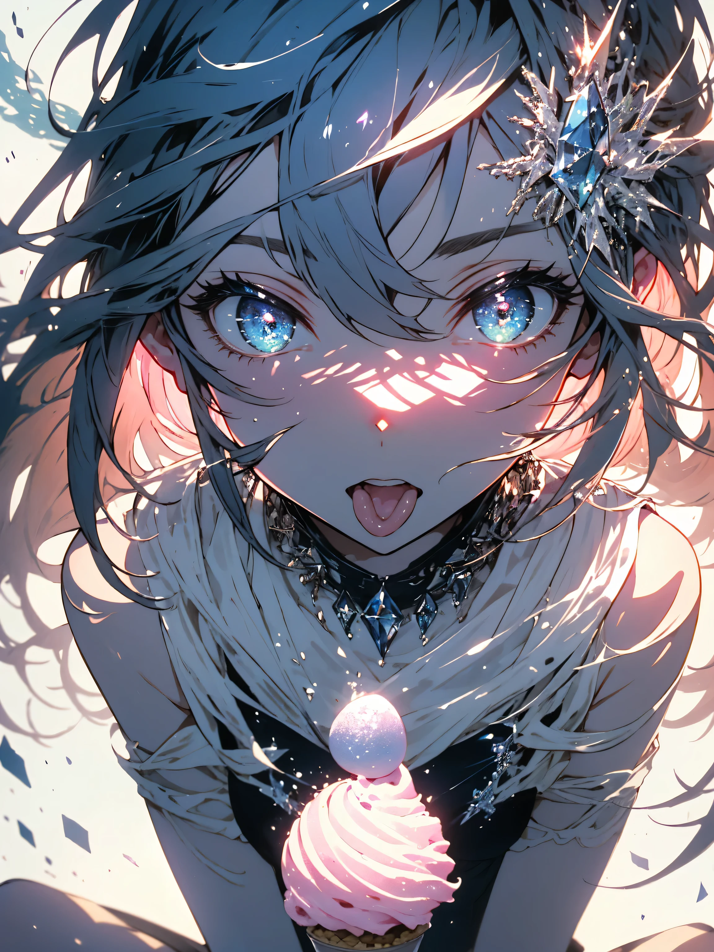 (highest quality、masterpiece、High resolution、detailed), 1 girl, alone, (cute)、very fine eyes,(Shining eyes、detailed beautiful face)、 (official art, Cosmetology and aesthetics: 1.2), (fractal art: 1.3), (Licking ice cream)、white pink color scheme, most detailed、sunny、sitting on a park bench、(highest quality、masterpiece、High resolution、detailed)、cute anime