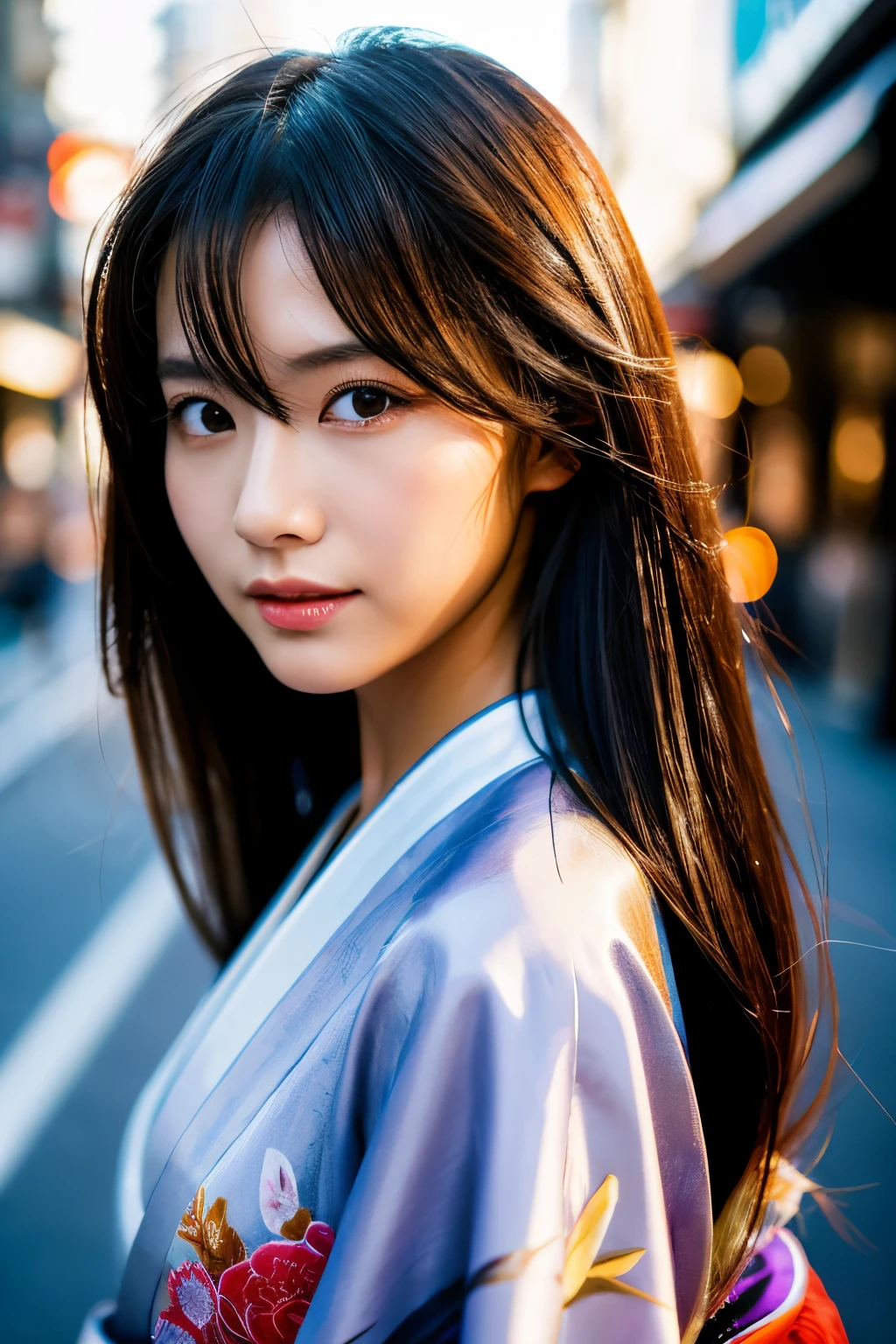Beautiful Japanese supermodel woman, A lock of hair with slight highlights, black eyes, Sexy,street background,Gorgeous kimono , Liquid color flows across her face, Shooting against the light,Perfect facial lighting,mixed media