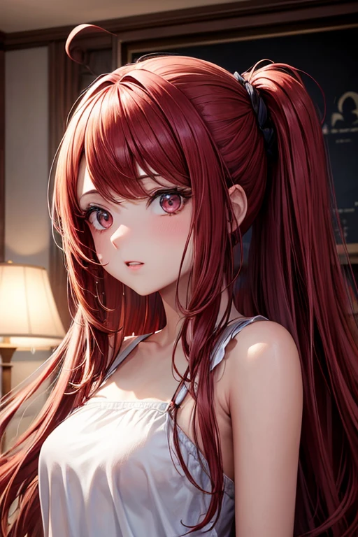 "Anime Neko with vibrant red hair and very long hair, striking a cute and flirtatious pose while looking captivatingly at the viewer."