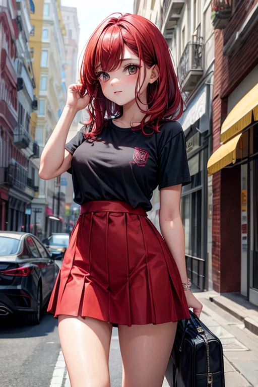 una chica alta y un poco delgada, de busto y trasero grandes, con cabello largo de color rojo y ojos rojos, con una expresion de nerviosismo y ropa blanca ajustada
