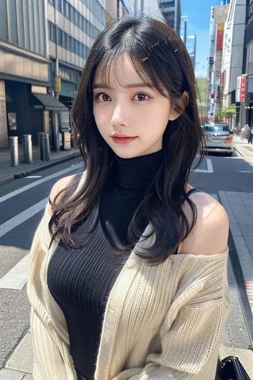 (huge tit、Turtleneck Knitwear、Shoulder bag)、(highest quality,masterpiece:1.3,超A high resolution,),(super detailed,caustics),(Photoreal:1.4,RAW shooting,)ultra-realistic capture,very detailed,High definition 16K for human skin、 Natural skin texture、、Skin looks even-toned and healthy、 Use natural light and color,one woman,Japanese,,cute,black haired,middle hair,(Depth of the bounds written、chromatic aberration、、wide range of lighting、natural shading、)、(hair swaying in the wind:1.2)、Tokyo cityscape
