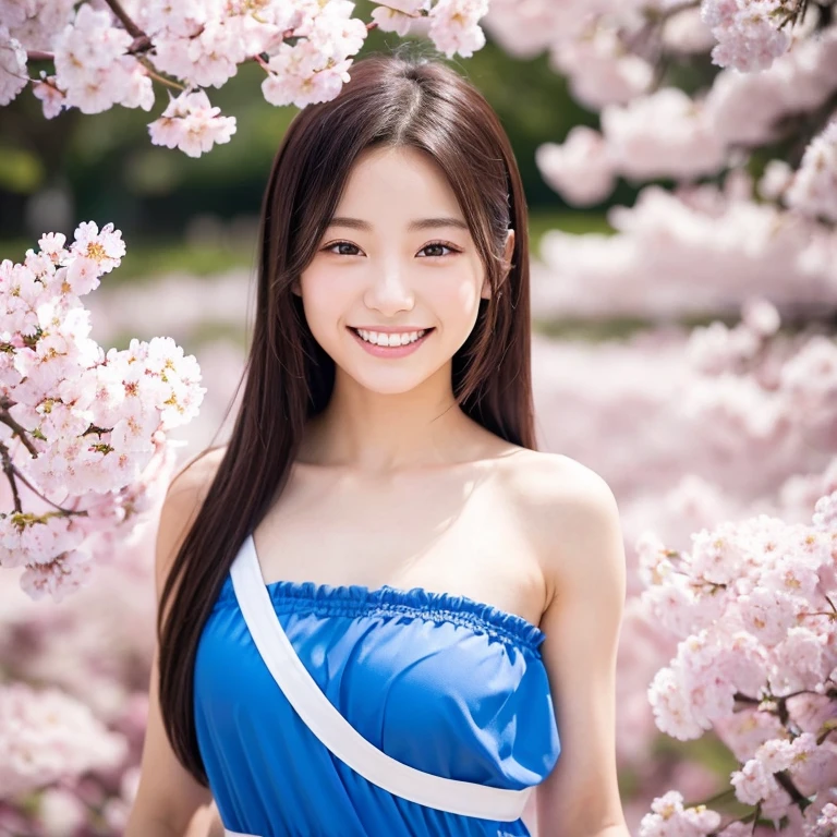 The eyes of a beautiful teenage Japanese female popular idol wearing a blue costume with a futuristic design looking back at the cherry blossoms in full bloom and smiling. Focal length 100mmf/2.8, Somei Yoshino flowers in full bloom, a blizzard of cherry blossom petals dancing and filling the space, an ideal light source, a well-shaped face, the best smile, white teeth, a toned body, a member of an idol unit. Cherry blossom viewing, realism, close-up of eyes, 8K image quality, highest quality.