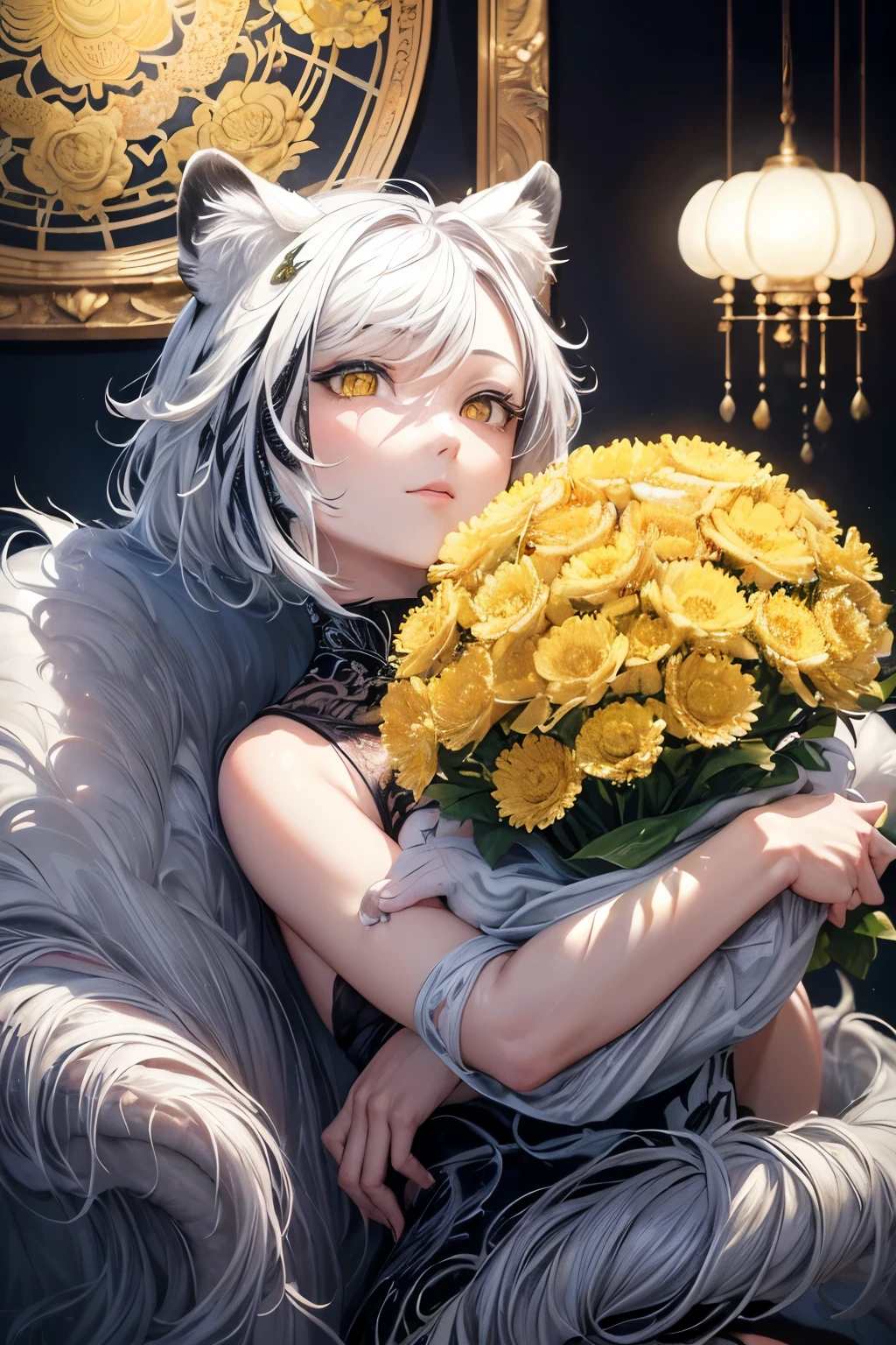 (best quality, high resolution: 1.5), abstract art, white tiger head with chrysanthemum integration, intricate detail, surrealist style, vibrant colors, oil painting, HDR, studio lighting, ultra-fine brushwork, physically-based rendering, extreme detail description, abstract shapes, chrysanthemum petals blending into white tiger fur, abstract creative shape, appearing in full frame, conceptual artwork.
The white tiger's abstract head harbors the elegance of a chrysanthemum, meticulously painted in vibrant hues and intricate brushstrokes. The tiger's mane morphs into the blooming