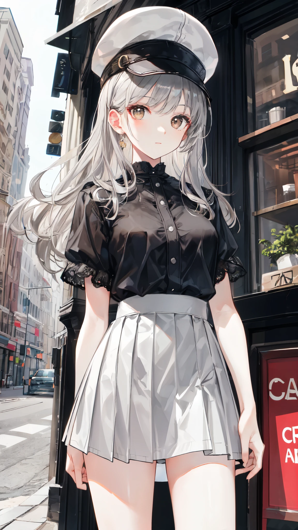 masterpiece, high quality, best quality, beautiful, hd, perfect lighting, detailed face, detailed body, 1 girl, solo, (long gray hair), brown eyes, medium breasts, ((white underwear)), ((short gray skirt)), (gray hat), in front of a cafe,