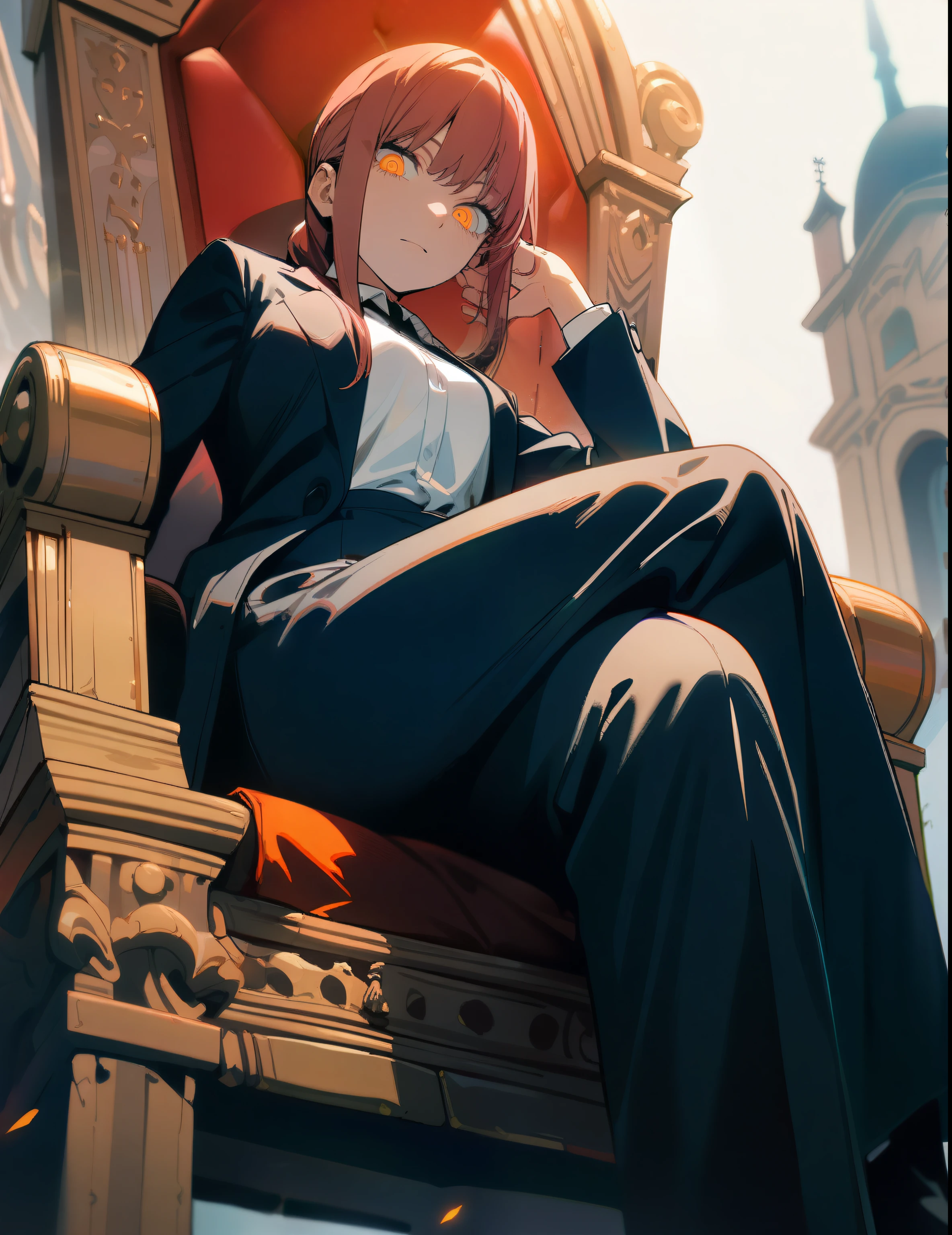 1girl, Makima , Chainsaw Man , Black long coat , sitting, crossed legs, throne, looking down, from bottom, looking at viewer, outdoors, masterpiece, best quality, very aesthetic, absurdres