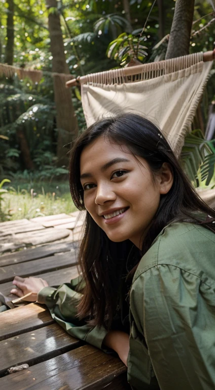 Photorealism 1.4 realistic realism high detailed definition Malaysian orang asli teen native aborigines wearing red shirt short laying on bamboo floor bamboo hut leaf roof at the jungle 