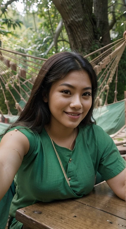 a woman laying in a hammock in the tree, a picture, inspired by Naza, tumblr, sumatraism, with a beautifull smile, asian, profile pic, bbwchan, good young girl, meme format, on wooden table, in love selfie, old picture, leaked, in a forest, facebook, with green cloths, sweet and innocent