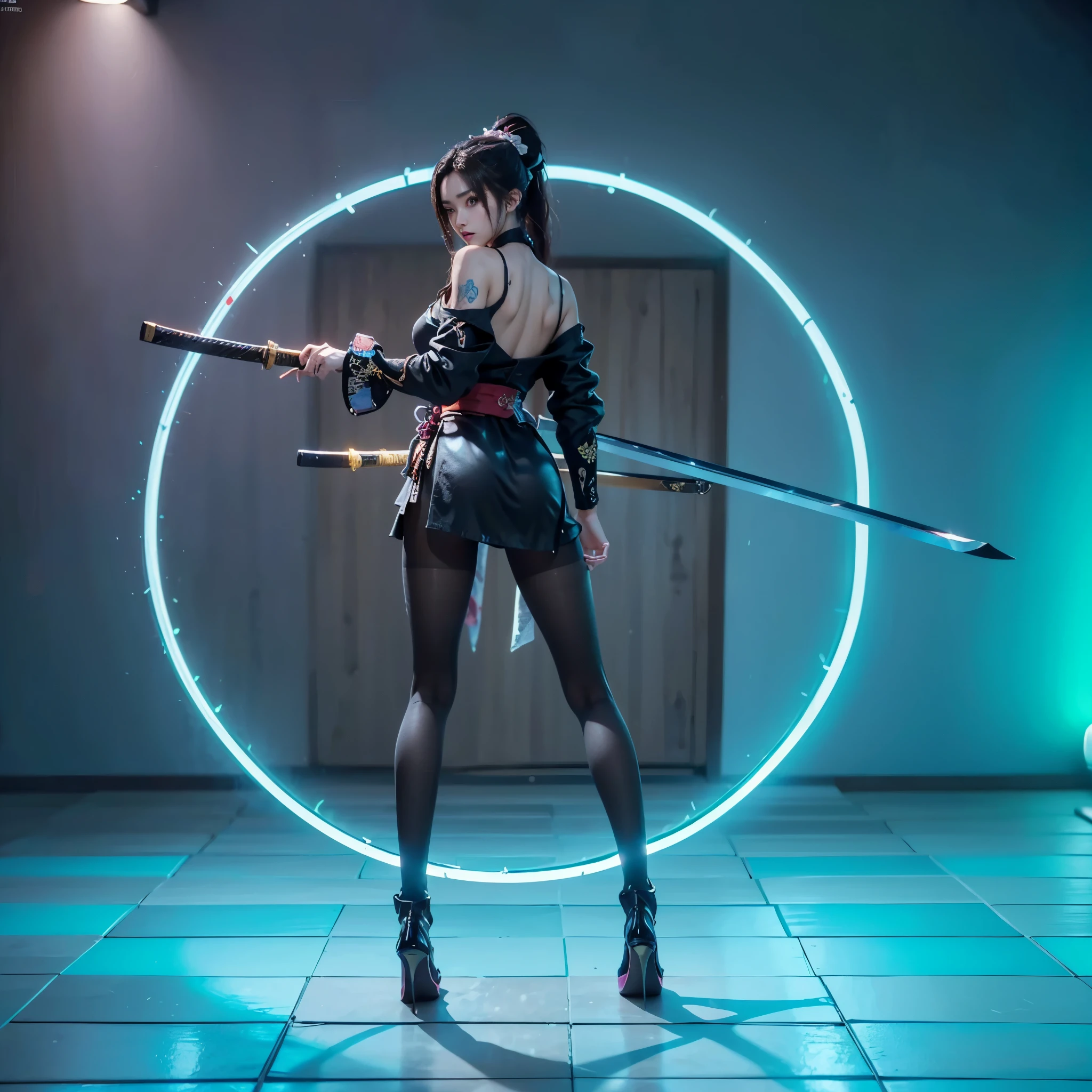 ((A very long samurai sword is across the girl&#39;s waist，Back view of a man standing in a futuristic room with neon lights, long brown hair，high ponytail，pantyhose，High heel，)),female cyberpunk anime girl, katana zero video game character, very beautiful cyberpunk samurai, cyberpunk anime girl, Beautiful cyberpunk woman model, Cyberpunk under neon lights, Cyberpunk 20 years old. oh，model girl, Cyberpunk angry gorgeous goddess, Fantasy cyberpunk girl, Fashionable future women, Anime girl holding a super long katana