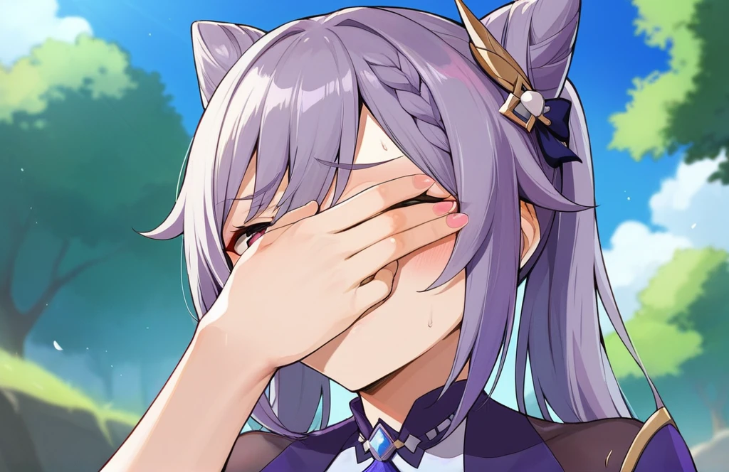 score_9, score_8_up, score_7_up, score_6_up, source_anime, BREAK by ikuchan kaoru, iku, clean color, flat color,1girl, genshin impact, keqing genshin impact, outdoors, in Forest, face focus, face closeup, face, face only, smug, shy, embarrassed, covering mouth, covering eyes, mocking, giggle, humiliation