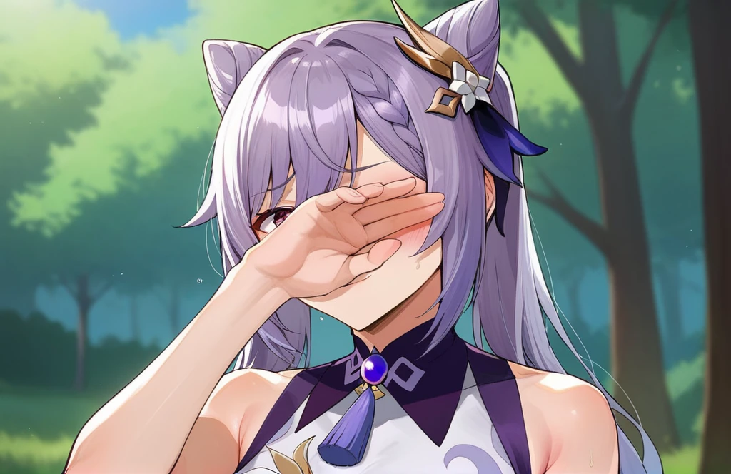score_9, score_8_up, score_7_up, score_6_up, source_anime, BREAK by ikuchan kaoru, iku, clean color, flat color,1girl, genshin impact, keqing genshin impact, outdoors, in Forest, face focus, face closeup, face, face only, smug, shy, embarrassed, covering mouth, covering eyes, mocking, giggle, humiliation