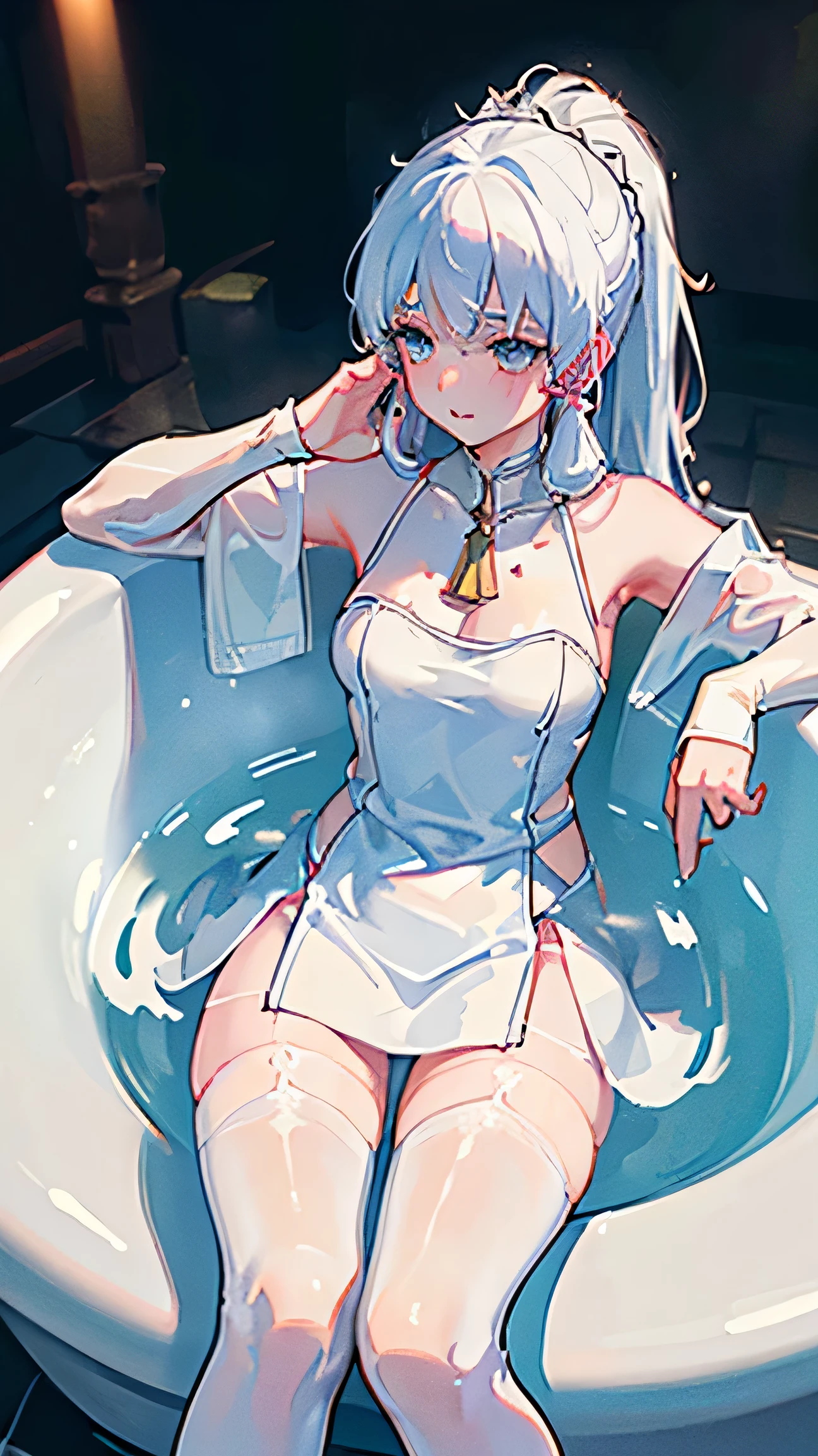 White hair,Blue streaked hair、bath towel、See-through nipples