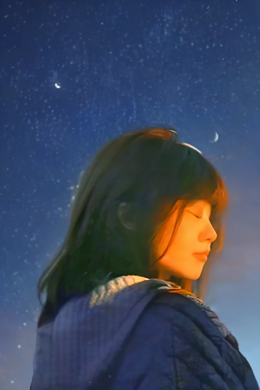 a girl who looks up to the night sky and star and moon from behind no face shown