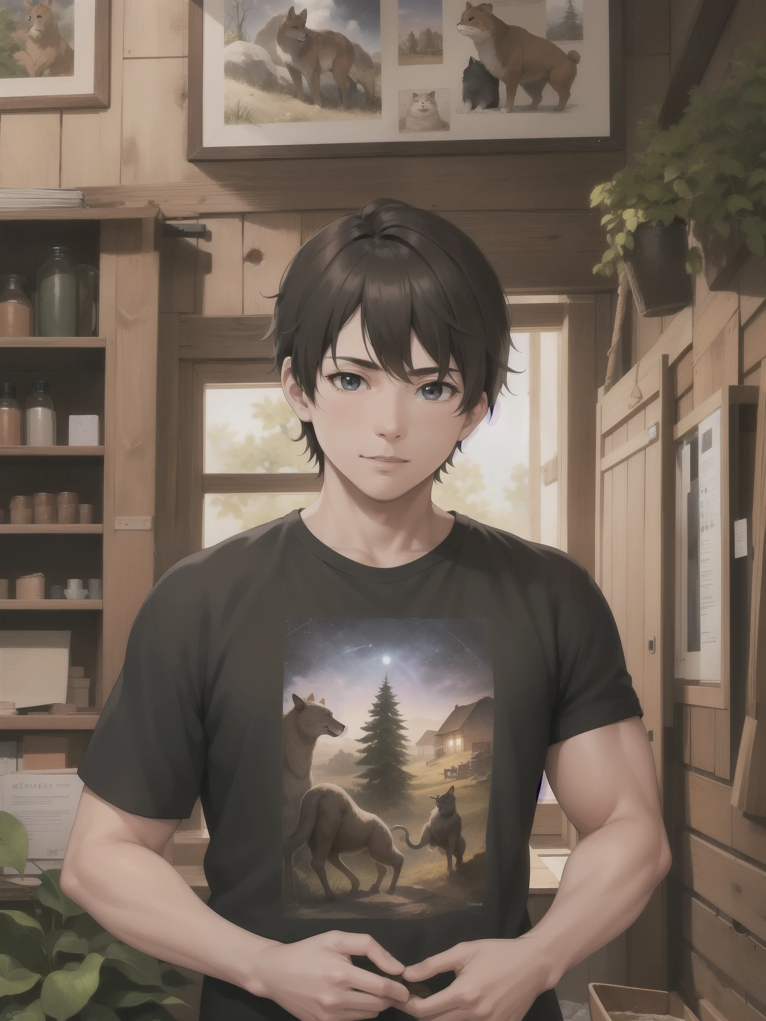 obra maestra, Mejor calidad, HDR, (animado), (illustration), dibujos animados, realistic epic, tihonov, 1 hombre, camiseta negra, camiseta sin mangas, (hombros abiertos:1.2), bosque, afuera, mirando al espectador, parte superior del cuerpo, monocromo,