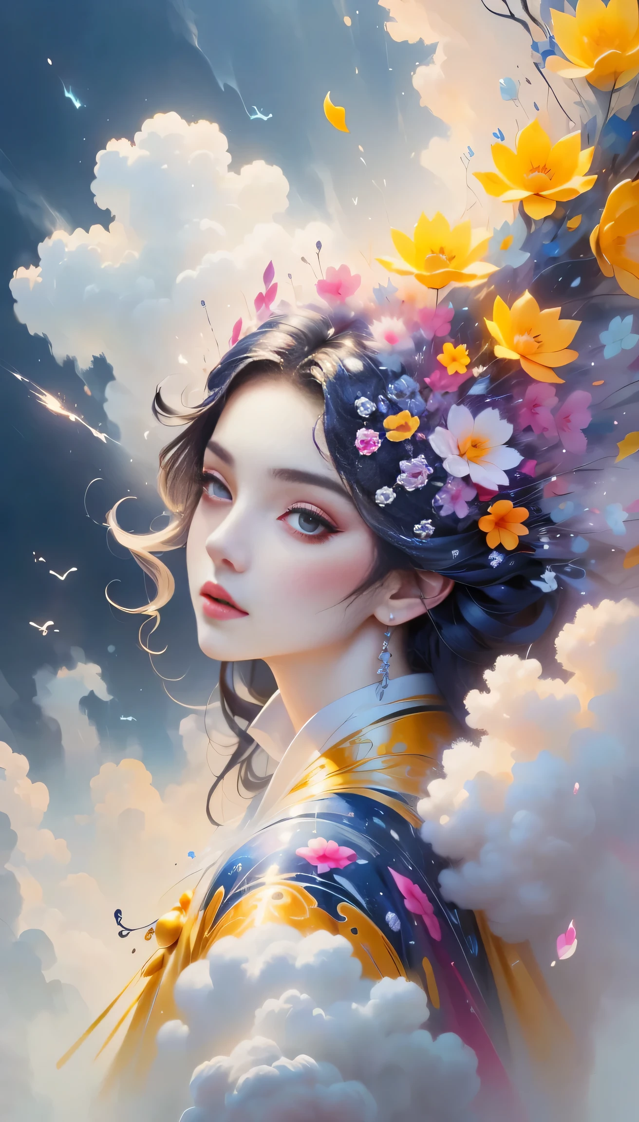 (((White cloud background))), (((high saturation))), ((Surrounded by splashes of color)))) Super detailed, Beautiful and beautiful, masterpiece, best quality, (tangled, mandala, tangled, twist), (Fractal art: 1.3), 1 girl, Very detailed, dynamic angle, cowboy shooting, Chaos in its most beautiful form, elegant, brutalist design, bright colors, romanticism, Michael Mraz, Adrian Gurney, Petra Courtright, Atmospheric, ecstatic notes, Mobile notes are visible