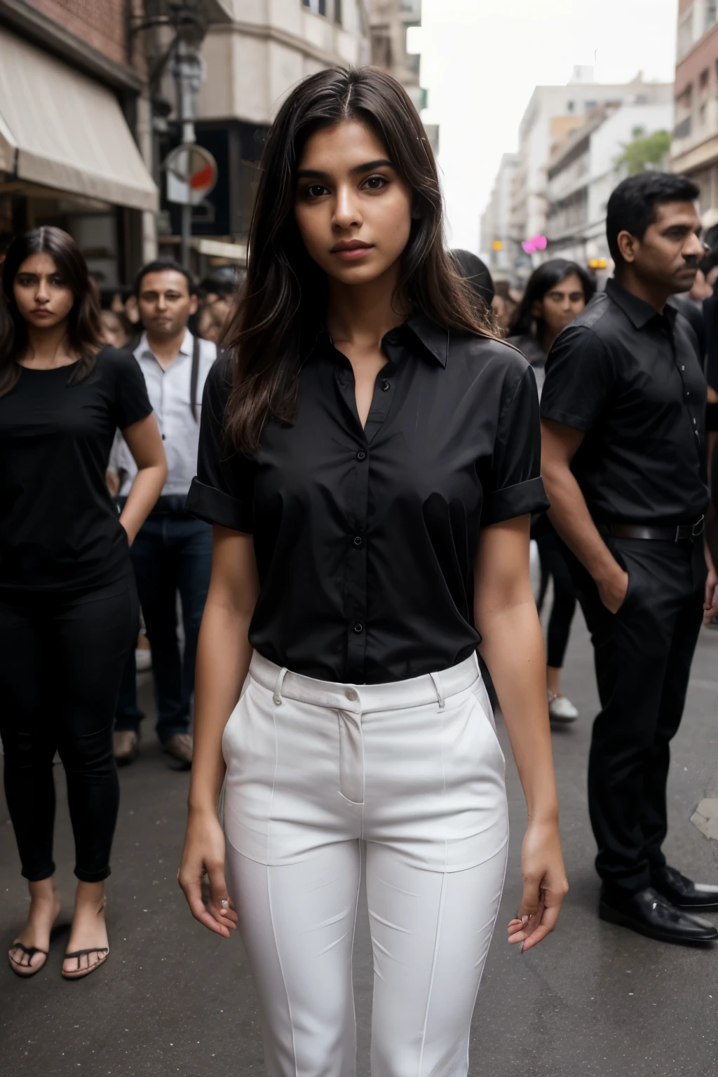 Black formal Shirt, White trouser Pant, Indian origin Female, Model, Crowd, Street, Standing