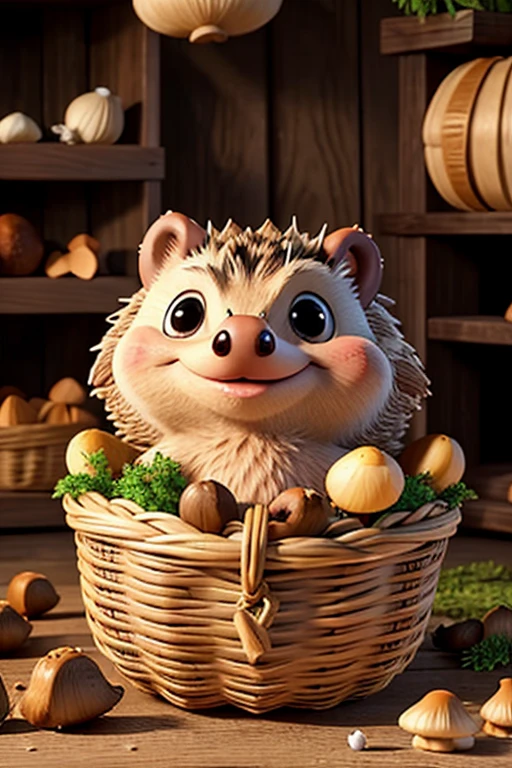 hedgehog with mushrooms in a basket
