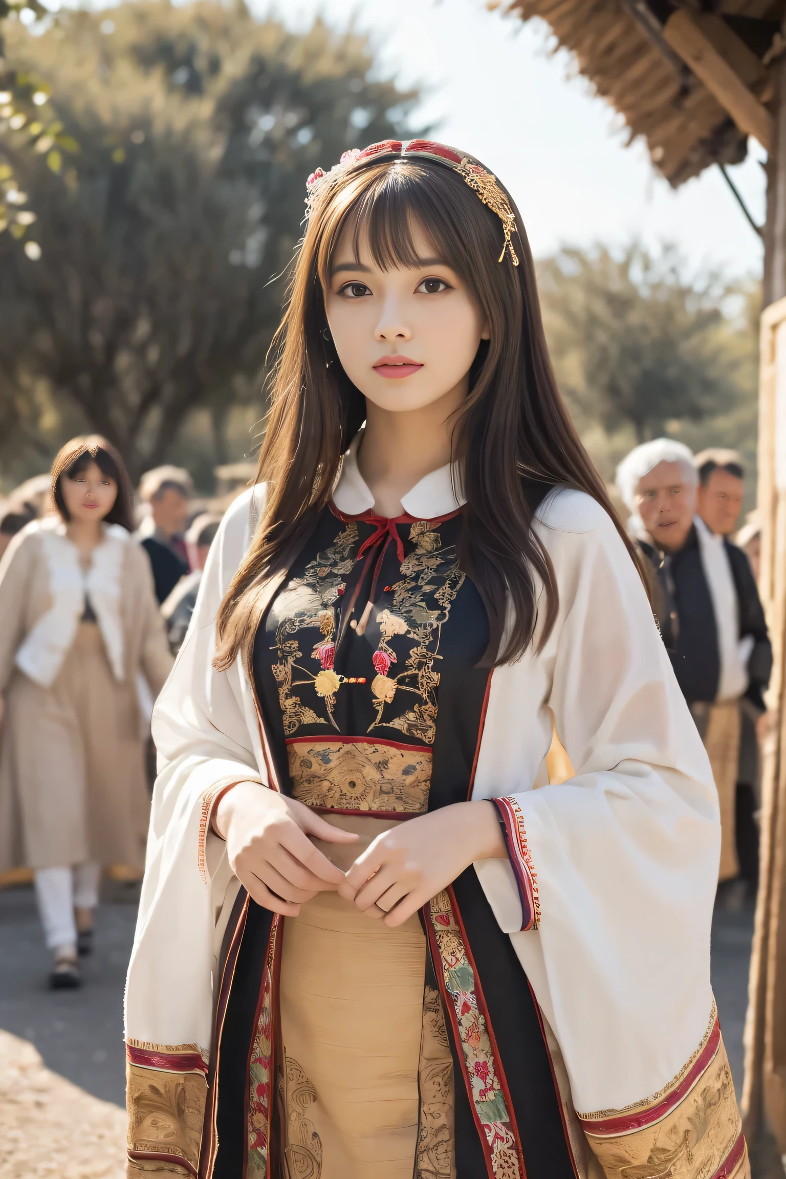 (((masterpiece, highest quality, Super detailed))), 1 female, (((very thin body))) , (((length, thin legs))), (((black semi-long hair, thick and fluffy bangs ))), (((highly detailed face))), cosmetics free, small and thin nose, small thin mouth, (((Very sharp focused eyes))), Japanese, beautiful face, (lifelike face), beautiful hairstyle, realistic eyes, fine and beautiful eyes, (real looking skin), beautiful skin, charm, ultra high resolution, surreal, high detail, golden ratio, (detail makeup:1.2),model pose, theme: Sardinian traditional national costume background: Sardinian culture has a rich tradition、Traditional folk costumes play an important role as part of this。These costumes vary depending on the region and event.、Reflects the history and culture of Sardinia。Image quality settings:Local Festivals: At a regional festival in Sardinia、Locals々Depicts people wearing traditional ethnic costumes。Emphasize the lively atmosphere and colorful designs of costumes.。rural scenery: In the countryside and rural villages of Sardinia、Depicts scenes of farmers wearing traditional clothing in their daily lives。It highlights the serene atmosphere of nature and the delicate embroidery and texture of the costumes.。Historical places: In the historical monuments and ruins of Sardinia、person wearing historical costume々Describes how the person is visiting。Enhances the ancient atmosphere and the old-fashioned design of costumes。Image quality adjustment:Adjust the brightness and contrast、Highlights the color and design of the costume。Fine-tune the hue and saturation、Reproducing the traditional colors and patterns of Sardinia。use soft light、Highlights the fine details of the outfit。emotional approach:Depicting expressions that evoke tradition and pride、Visually communicates that the wearer is proud of their culture and heritage。Expressing community unity and solidarity、Indicates that the wearers have a bond rooted in a common culture and values。Based on the above instructions、Create a lighting image with a traditional Sardinian costume as a background。