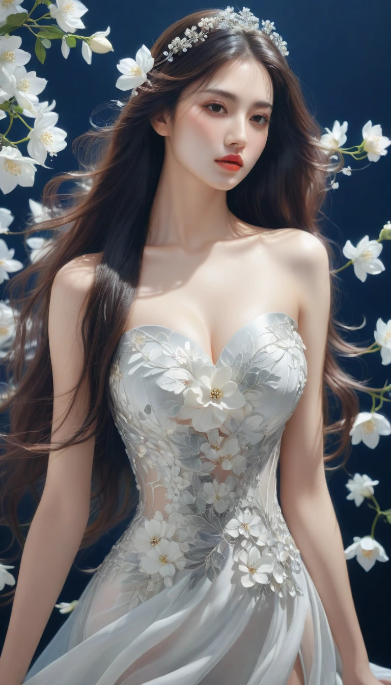 painting of a woman with long hair and a dress with white flowers, exquisite digital illustration, gorgeous digital art, stunning digital illustration, beautiful gorgeous digital art, a beautiful artwork illustration, beautiful digital illustration, beautiful digital artwork, beautiful digital art, karol bak uhd, very beautiful digital art, gorgeous digital painting, elegant digital painting, stunning digital art, airbrush digital art