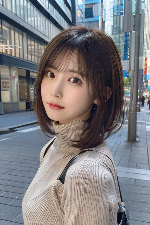 (huge tit、sheer turtleneck knitwear、Shoulder bag)、(highest quality,masterpiece:1.3,超A high resolution,),(super detailed,caustics),(Photoreal:1.4,RAW shooting,)ultra-realistic capture,very detailed,High definition 16K for human skin、 Natural skin texture、、Skin looks even-toned and healthy、 Use natural light and color,one woman,Japanese,,cute,curly black hair,middle hair,(Depth of the bounds written、chromatic aberration、、wide range of lighting、natural shading、)、(hair swaying in the wind:1.2)、Tokyo cityscape