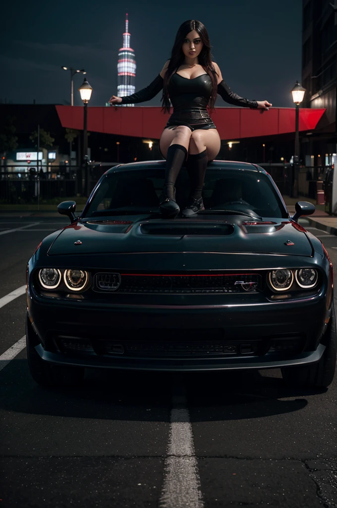 Create an image of a gothic woman with a dodge challenger demon in scarlet, some gym weights and the city of Tokyo in the background