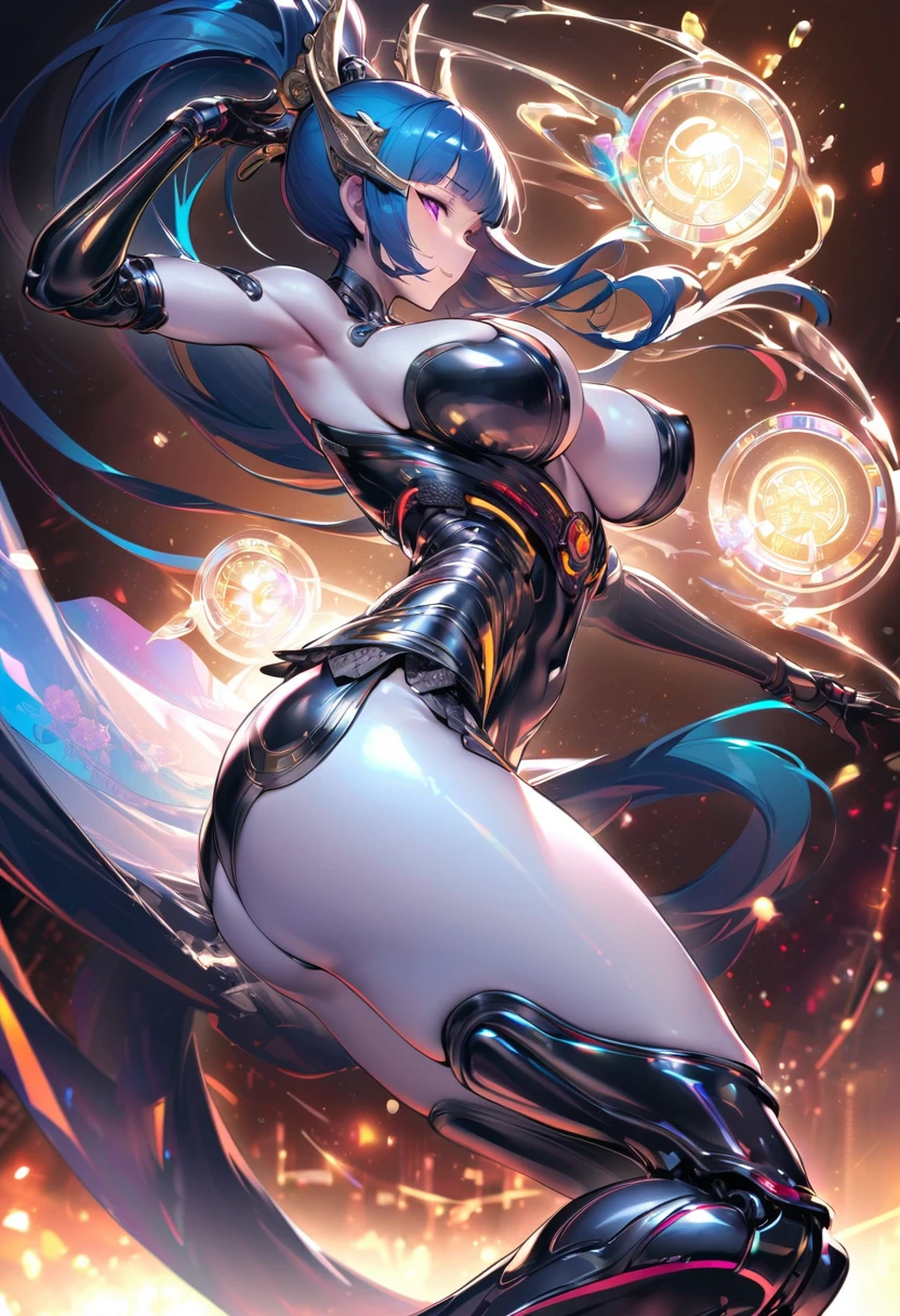 A photograph of mid-twenties Japanese female android made of shiny white and silver translucent glass and plastic, geisha makeup and hairstyle, silver metal internal body mechanisms, dynamic pose, flowing organic construction, glowing golden circuitry, colorful neon trim, glowing circuitry, neon trim, depth of field focus f/2.8, art by H.R. Giger, Greg Rutowski