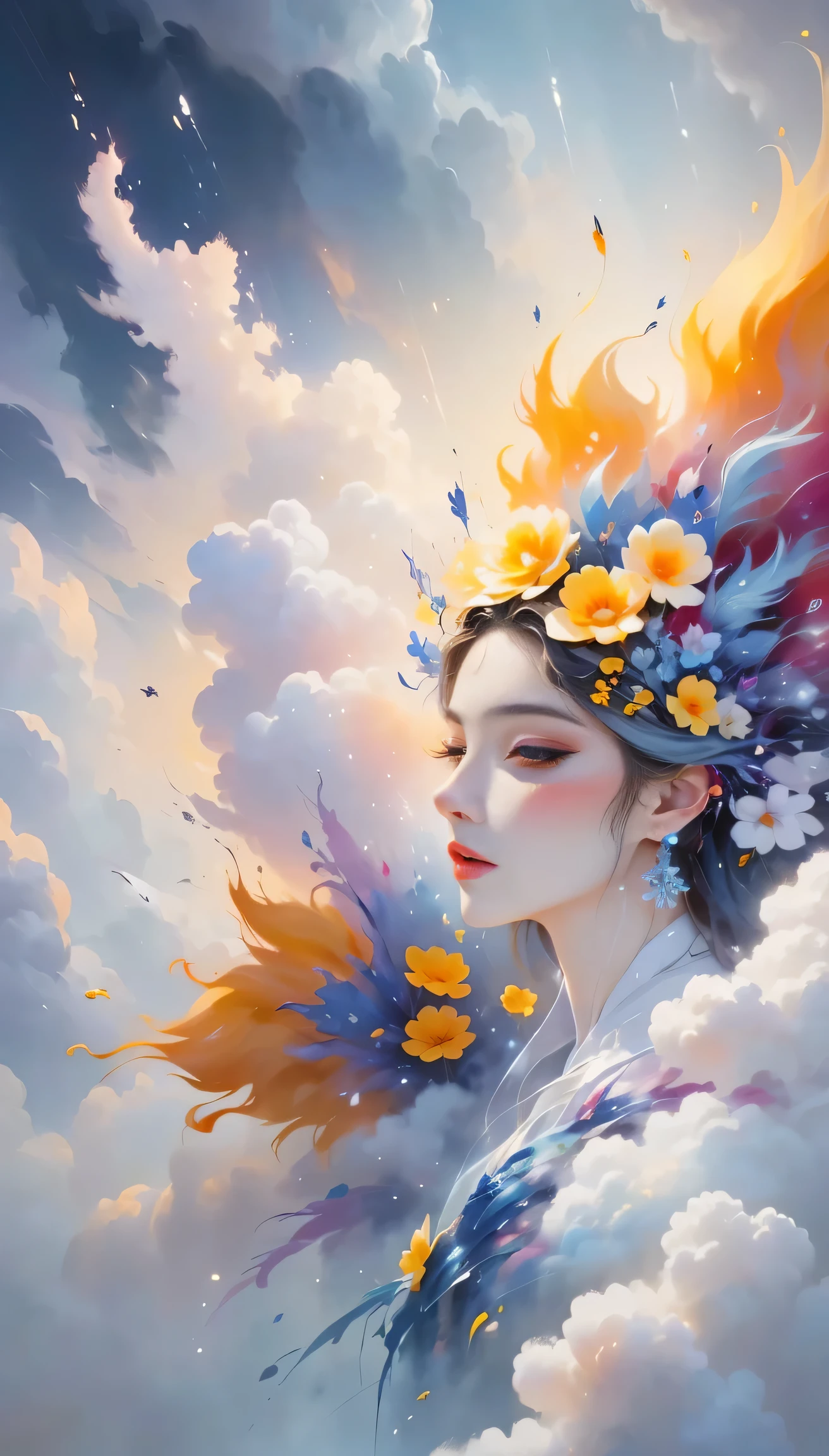 (((White cloud background))), (((high saturation))), ((Surrounded by splashes of color)))) Super detailed, Beautiful and beautiful, masterpiece, best quality, (tangled, mandala, tangled, twist), (Fractal art: 1.3), 1 girl, Very detailed, dynamic angle, cowboy shooting, Chaos in its most beautiful form, elegant, brutalist design, bright colors, romanticism, Michael Mraz, Adrian Gurney, Petra Courtright, Atmospheric, ecstatic notes, Mobile notes are visible