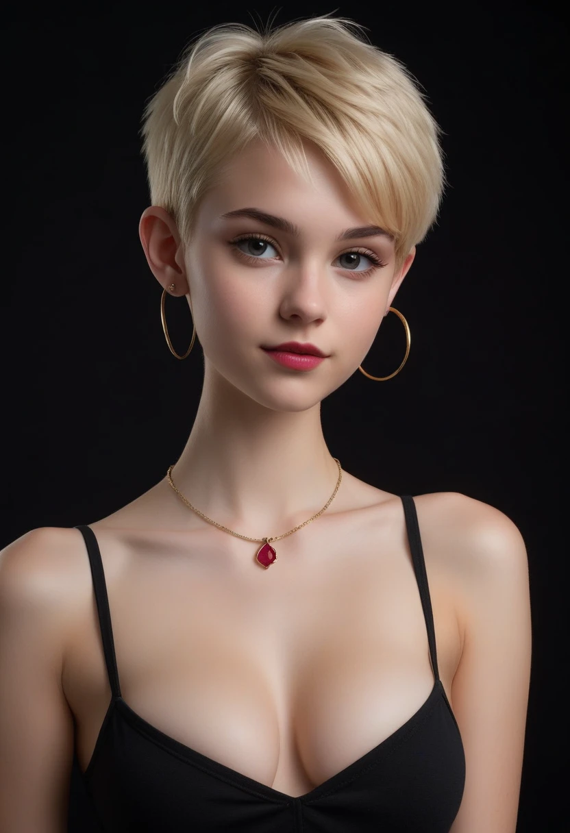 An extremely tiny, thin, petitie, extremely young-looking, teenage female, with an extremely stacked body, extremely huge breasts, pixie-cut blonde hair, Braces, large hoop earrings, necklace with ruby pendant, completely naked, pitch black background