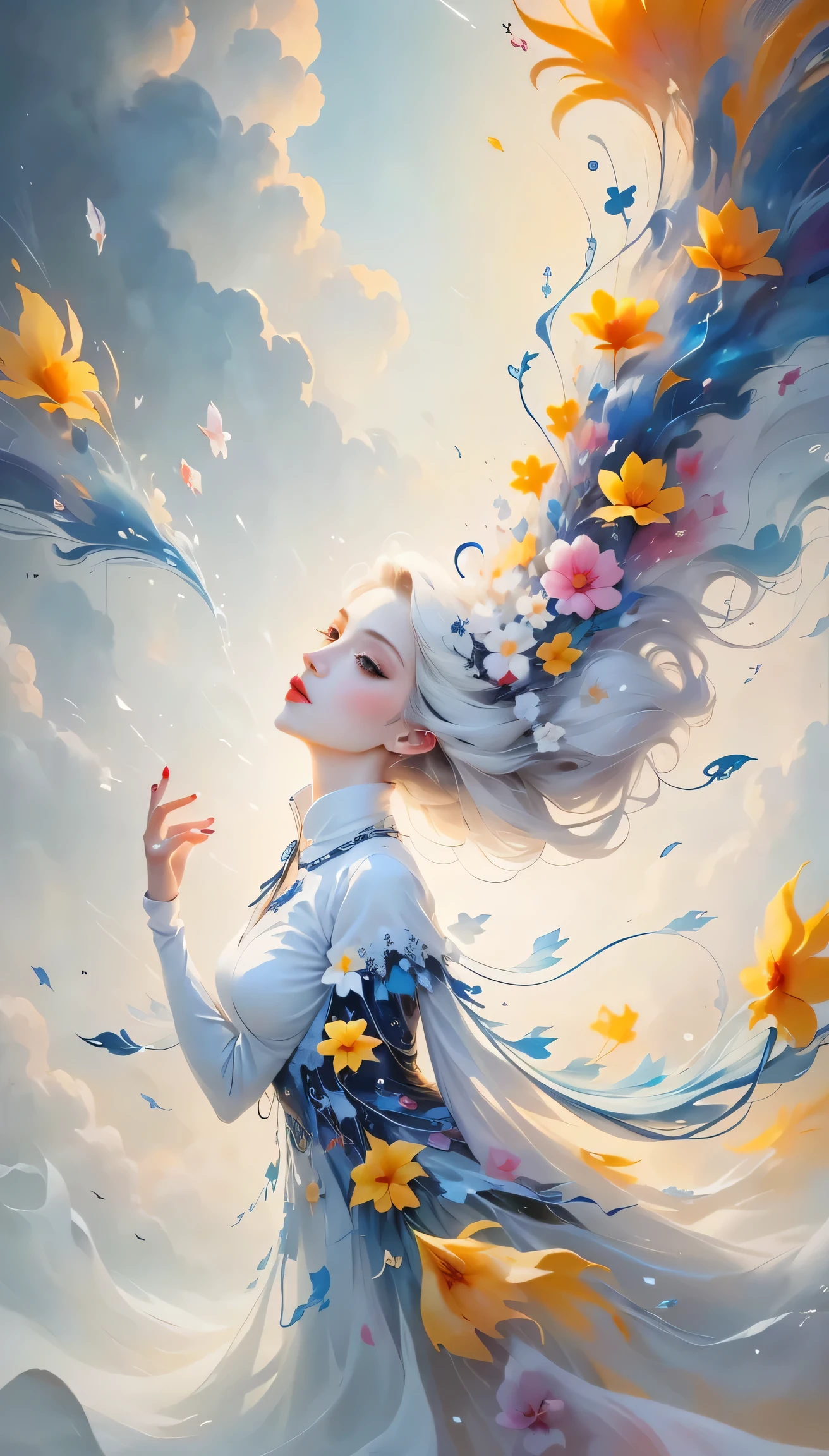 (((White cloud background))), (((high saturation))), ((Surrounded by splashes of color)))) Super detailed, Beautiful and beautiful, masterpiece, best quality, (tangled, mandala, tangled, twist), (Fractal art: 1.3), 1 girl, Very detailed, dynamic angle, cowboy shooting, Chaos in its most beautiful form, elegant, brutalist design, bright colors, romanticism, Michael Mraz, Adrian Gurney, Petra Courtright, Atmospheric, ecstatic notes, Mobile notes are visible