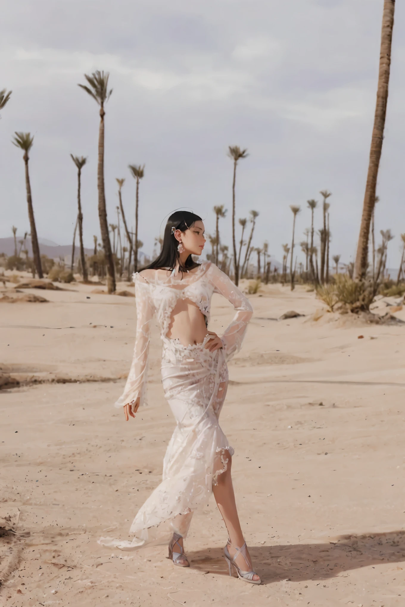 A woman in a white dress walking on the beach, Skinny girl in white boho dress, High fashion fashion shoot, Editorial Fashion Photography, fashion editorial photography, Valentino official editorial, fantasy long intricate gown, author:Daniel Lisk, ethereal and otherworldly, inspired by Farid Mansour, intricate gown, desert robe, a complicated dress, Dior official editorial