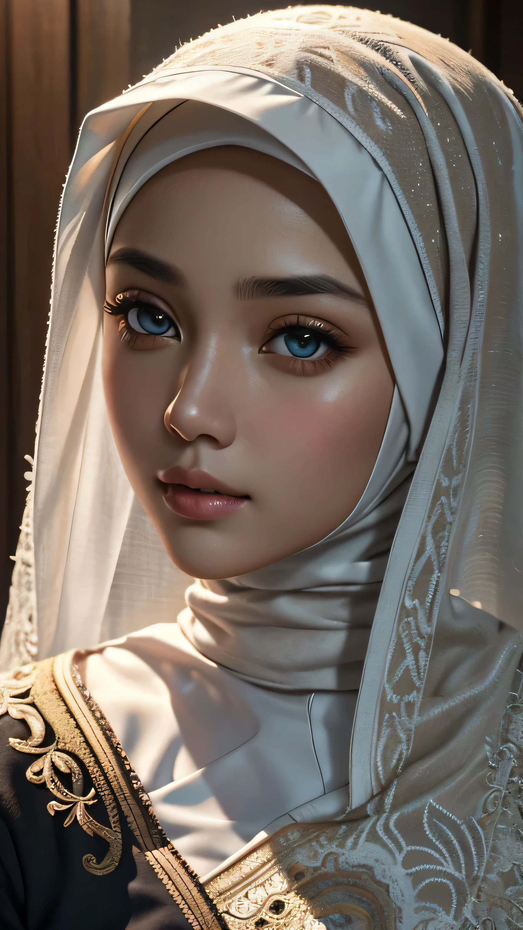 (RAW style, masterpiece, best quality, ultra-detailed) closed-up view , a beautiful hijab woman ((beautiful eyes)) wearing malaysia traditional clothing , exquisite image boasts an ultra-realistic and ultra-detailed representation, with intricate details that capture the depth and nuance of every feature. The depth of field is expertly rendered, adding a sense of dimension and texture to the scene. Octane renders bring out the ultra-definition in the (skin texture, film grain), imbuing the image with a cinematic feel that is further enhanced by the cinematic light, which bathes the girl's face in sidelighting. The ultra high