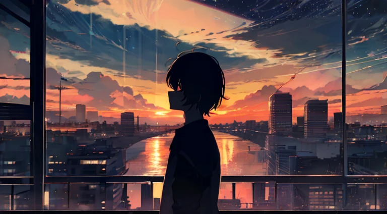 anime,silhouette,1boy, star (sky), cloud, cityscape, building, city, India, outdoors, skyscraper, city lights, night, night sky, sunset, skyline