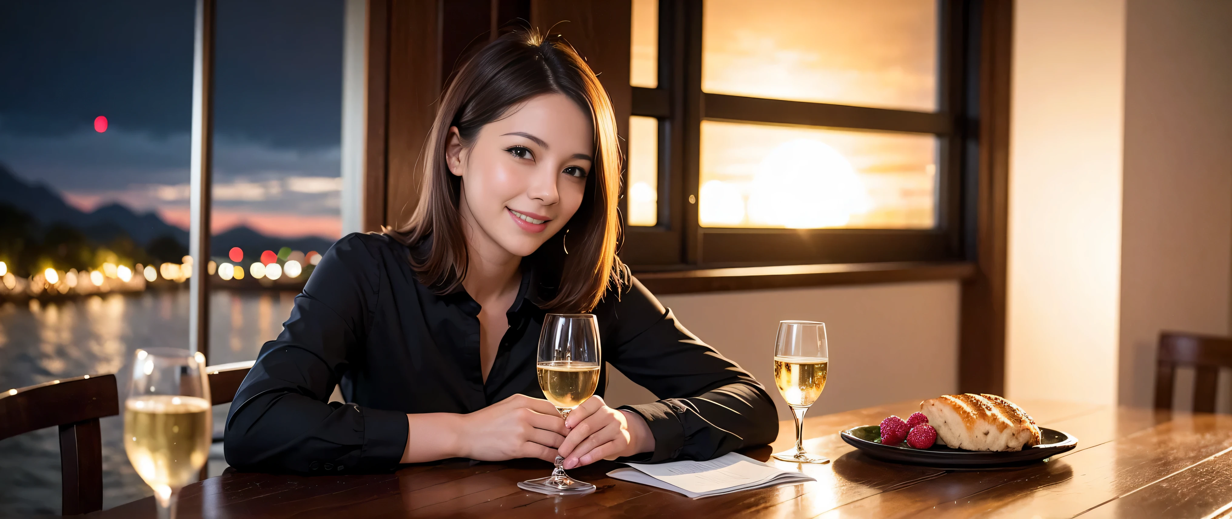 K, Hmm, highest quality, masterpiece: 1.2), (realistic, photorealistic: 1.37), Spectacular view of the sunset sky and clouds、Amazing mountain views、A bright smile、3 slim beauties, (slim face),Happy、 the best smile、Fox face、Berry Short、(because I&#39;thin), (brown hair), (shortcut), long sleeve shirt、winter fashion、Colombian、Brazilian、Japanese、Dutch、German、Portuguese、Belgian、Italian、French,Champagne、sparkling wine、 (Squirting), (slim body), (brown hair), (shortcut), neat beauty、cheeks turn a little red, (42 years old), 38 years old, alone, A beautiful and detailed night view spreads out outside the window........., restaurant, wine glass is sitting, At night, in a prominent place (from the Upper body) nova frog style, actress, model, Upper body, White wine, slim, wine glass, Very beautiful night view, wine glass Put in the Middle, Happy smile, (smile: 1.15), 