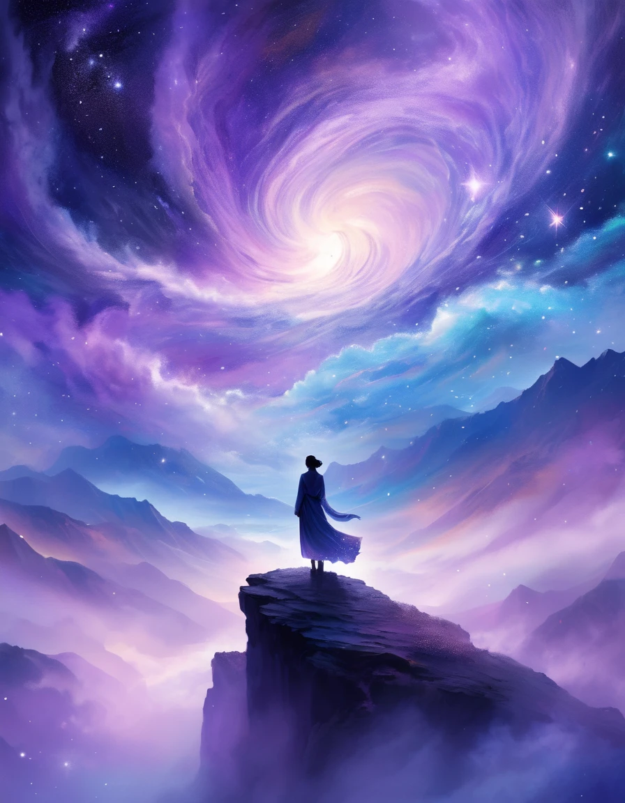 A figure stands on a cliff, enveloped in swirling streams of cosmic energy, amidst a dreamy, nebulous landscape. The silhouette of the person is wrapped in a flowing, ethereal gown that merges with the celestial currents. The sky is a tapestry of deep purples and blues, sprinkled with stars, and the landscape below is hinted at with soft, rolling mountains. The scene is one of tranquility and the sublime, capturing the majestic essence of the cosmos with a single, contemplative figure standing in awe.