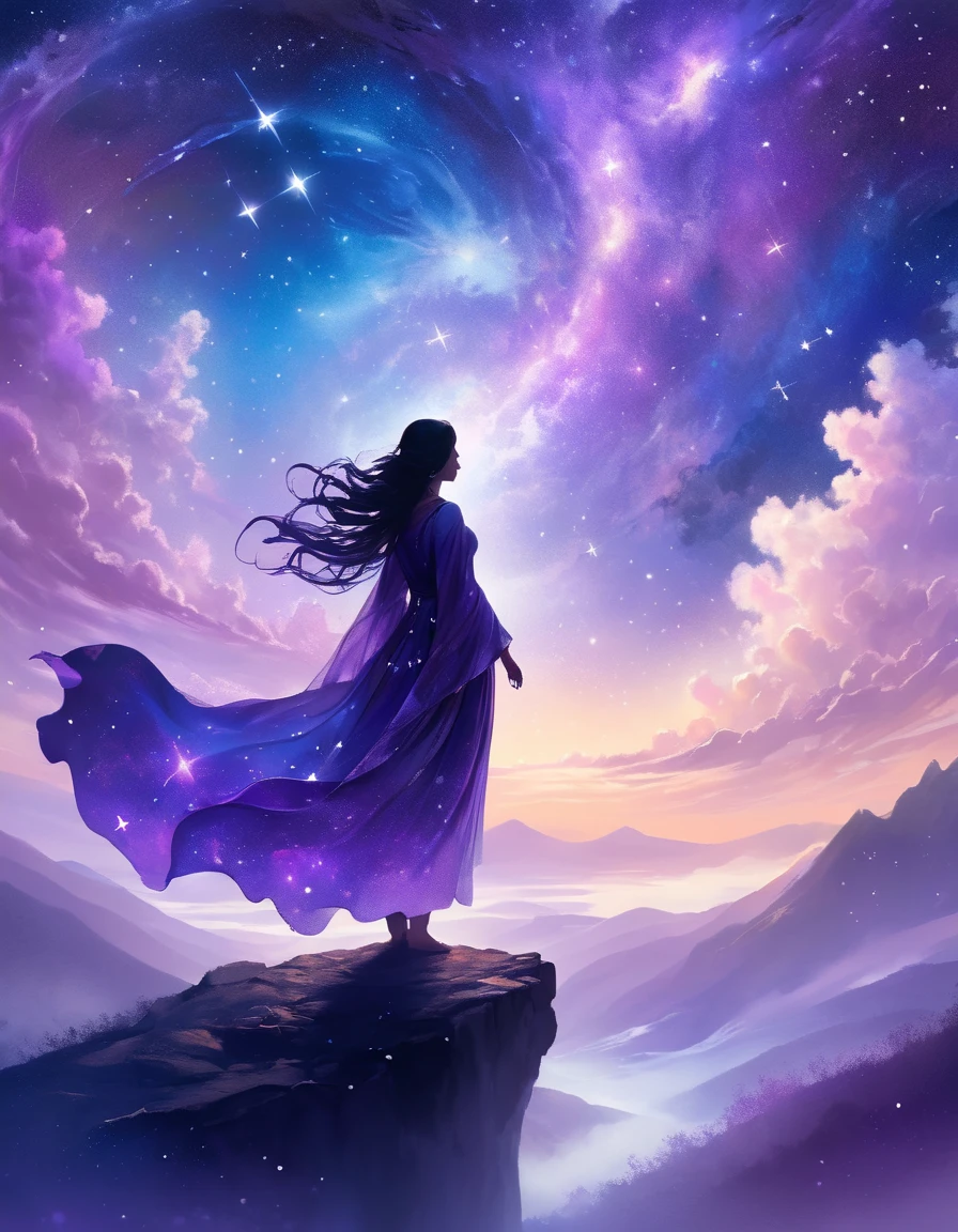 A figure stands on a cliff, enveloped in swirling streams of cosmic energy, amidst a dreamy, nebulous landscape. The silhouette of the person is wrapped in a flowing, ethereal gown that merges with the celestial currents. The sky is a tapestry of deep purples and blues, sprinkled with stars, and the landscape below is hinted at with soft, rolling mountains. The scene is one of tranquility and the sublime, capturing the majestic essence of the cosmos with a single, contemplative figure standing in awe.