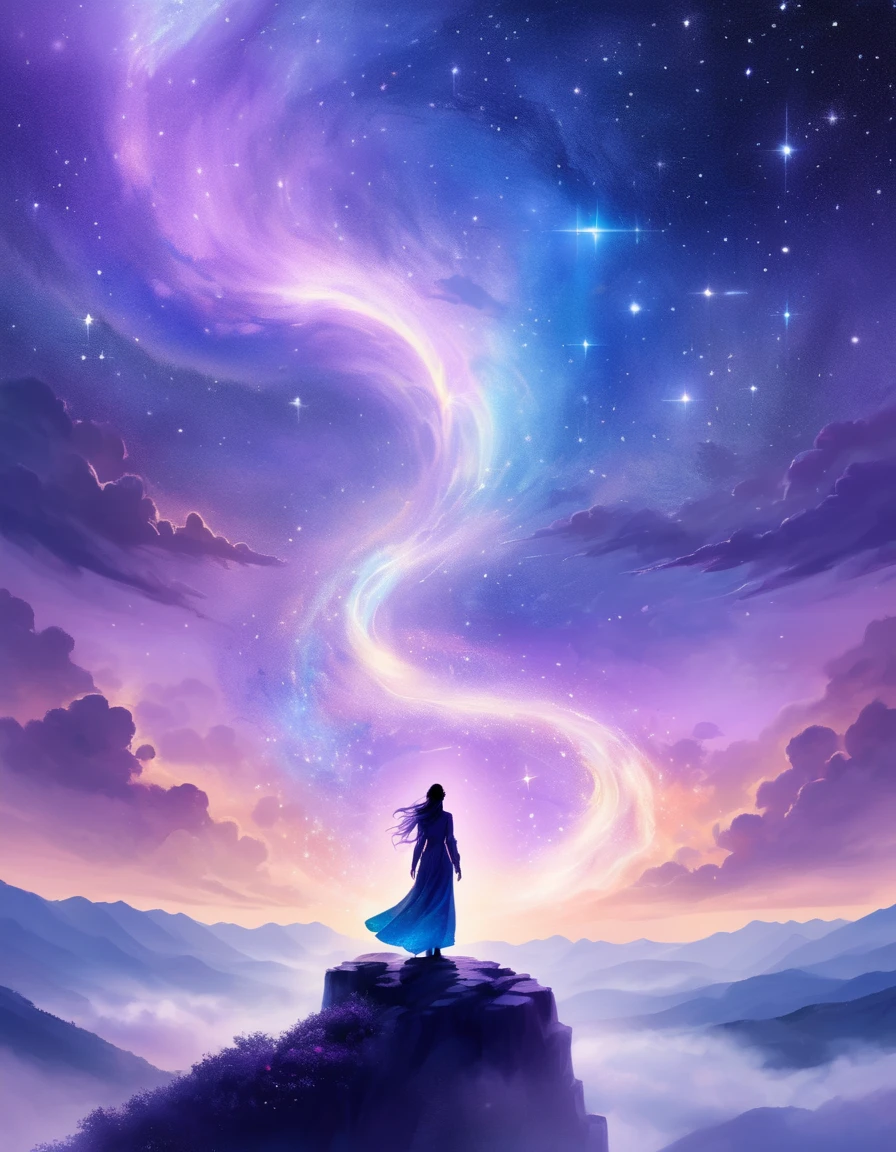 A figure stands on a cliff, enveloped in swirling streams of cosmic energy, amidst a dreamy, nebulous landscape. The silhouette of the person is wrapped in a flowing, ethereal gown that merges with the celestial currents. The sky is a tapestry of deep purples and blues, sprinkled with stars, and the landscape below is hinted at with soft, rolling mountains. The scene is one of tranquility and the sublime, capturing the majestic essence of the cosmos with a single, contemplative figure standing in awe.