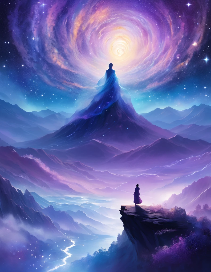A figure stands on a cliff, enveloped in swirling streams of cosmic energy, amidst a dreamy, nebulous landscape. The silhouette of the person is wrapped in a flowing, ethereal gown that merges with the celestial currents. The sky is a tapestry of deep purples and blues, sprinkled with stars, and the landscape below is hinted at with soft, rolling mountains. The scene is one of tranquility and the sublime, capturing the majestic essence of the cosmos with a single, contemplative figure standing in awe.