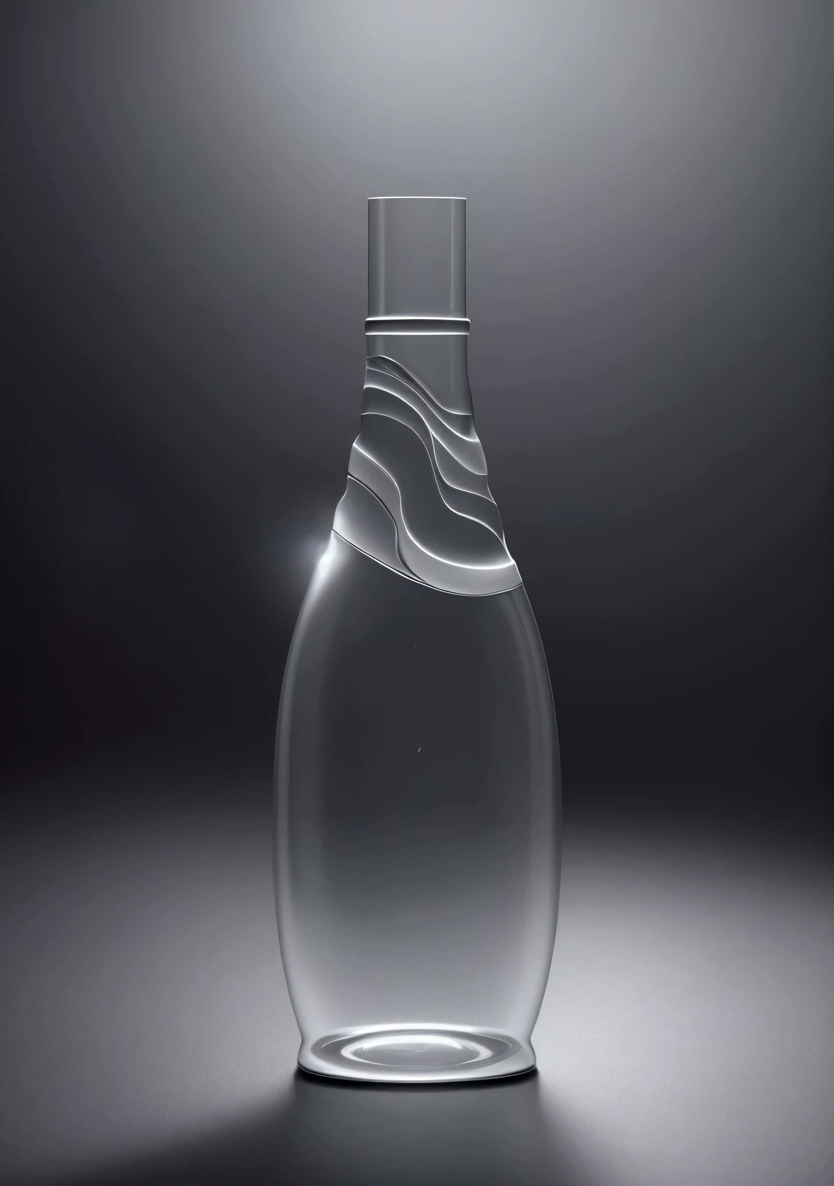 8k HD，Lots of details，A clear glass bottle filled with water is placed in front of a pure black background，Commercial Photography，Hyper-realistic 3D rendering，((Product photography))，studio lighting effects
